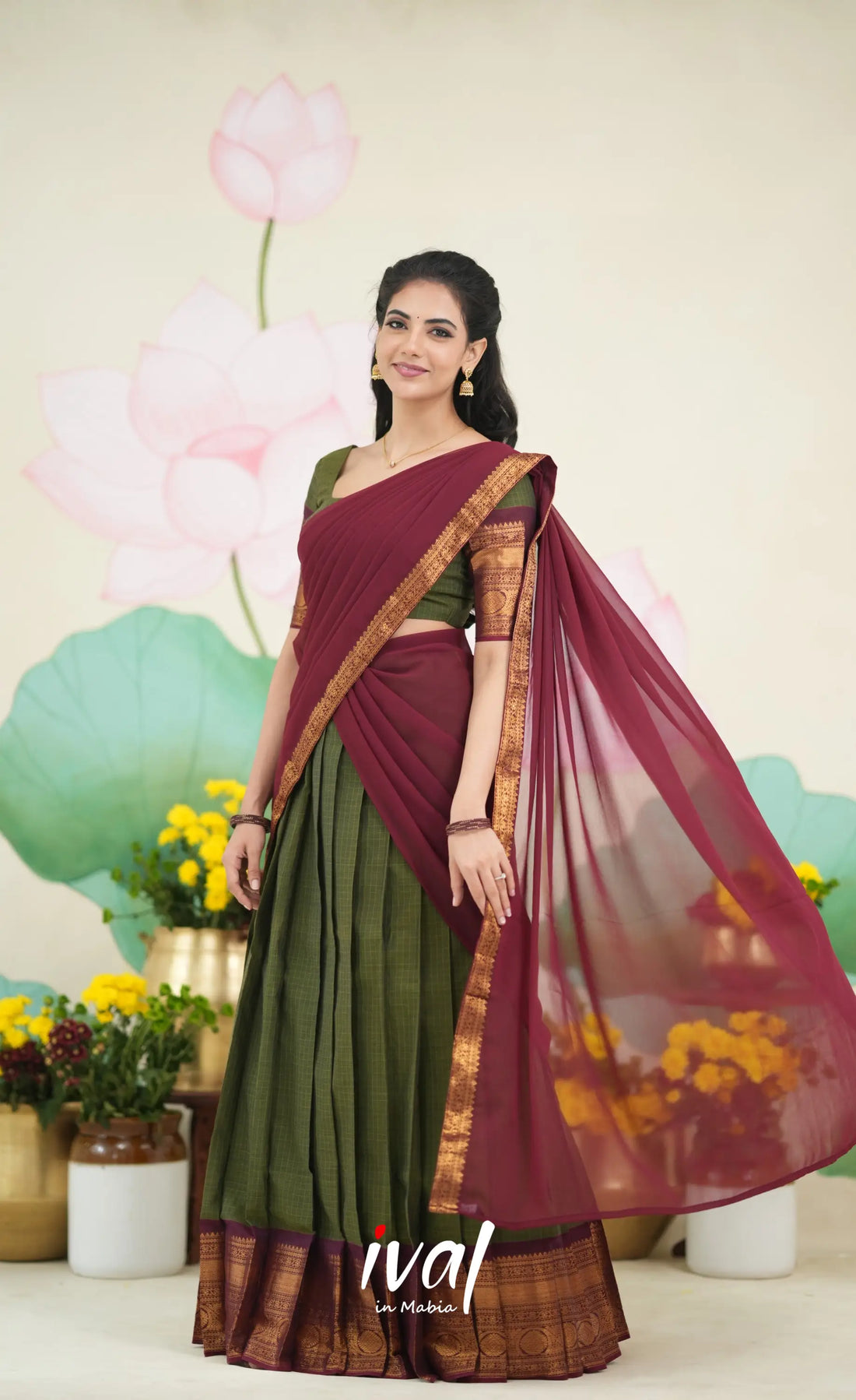 Padmaja Cotton Half Saree - Olive Green and Maroon Half Sarees