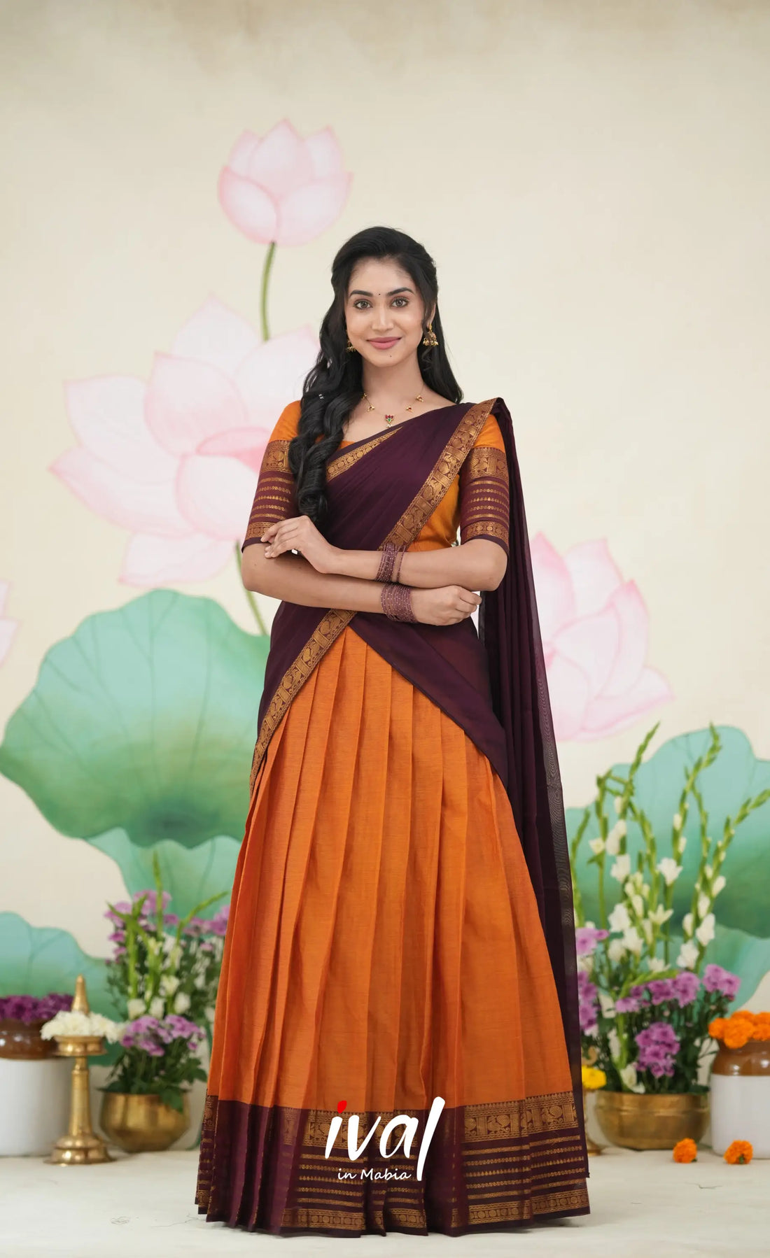 Padmaja Cotton Half Saree Orange and Deep wine Half Sarees