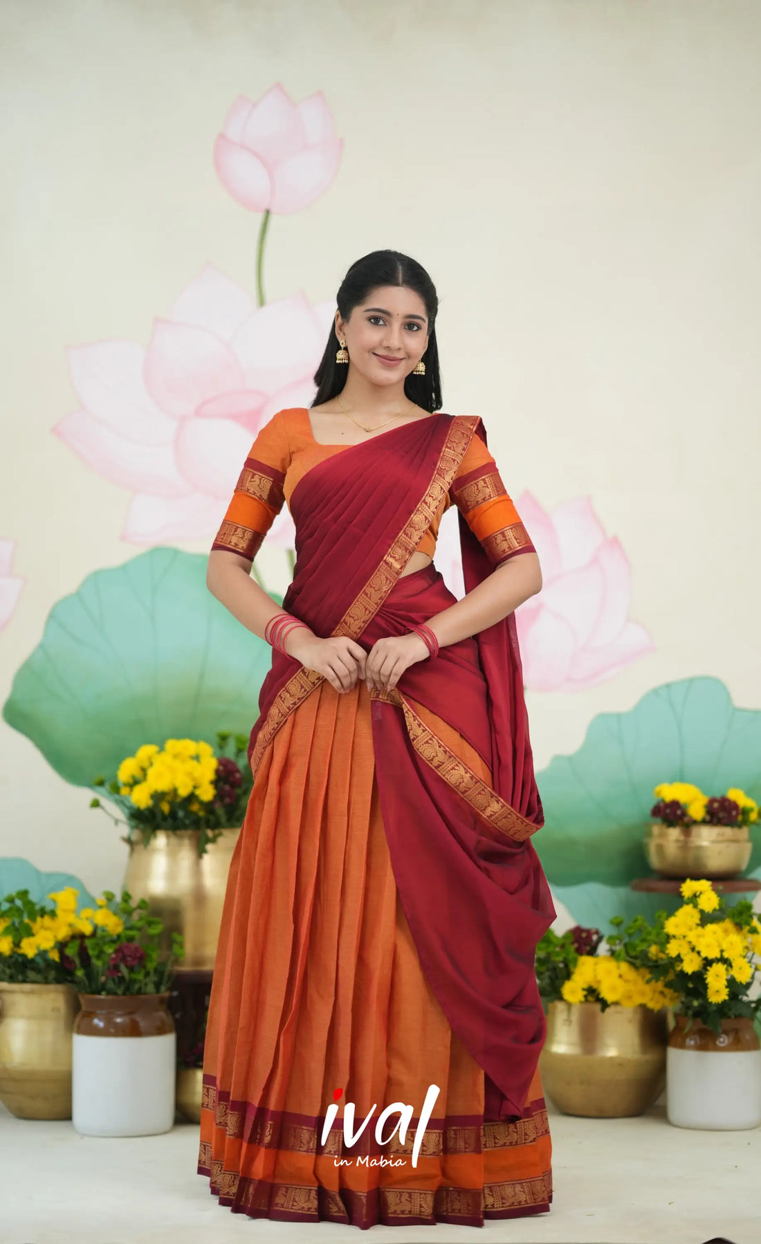 Padmaja Cotton Half Saree - Orange and Red Half Sarees
