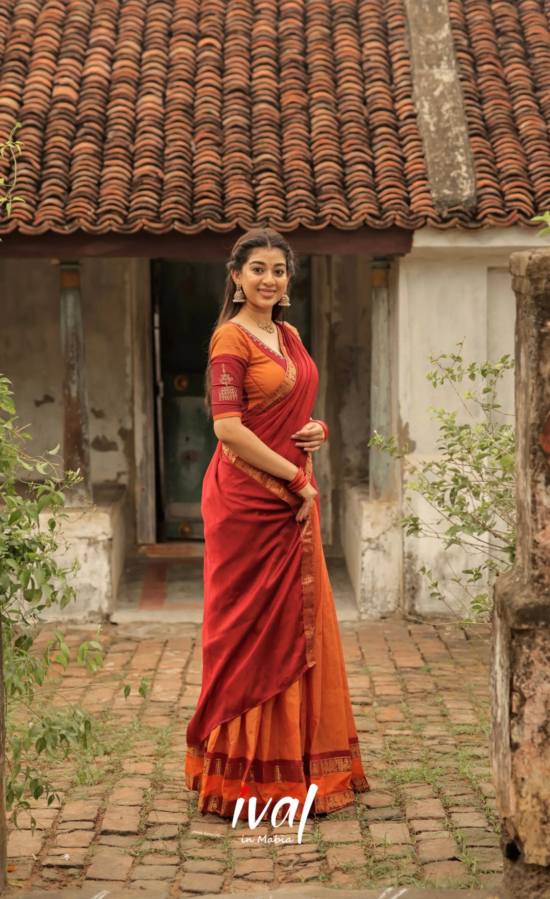 Padmaja Cotton Half Saree - Orange and Red Half Sarees