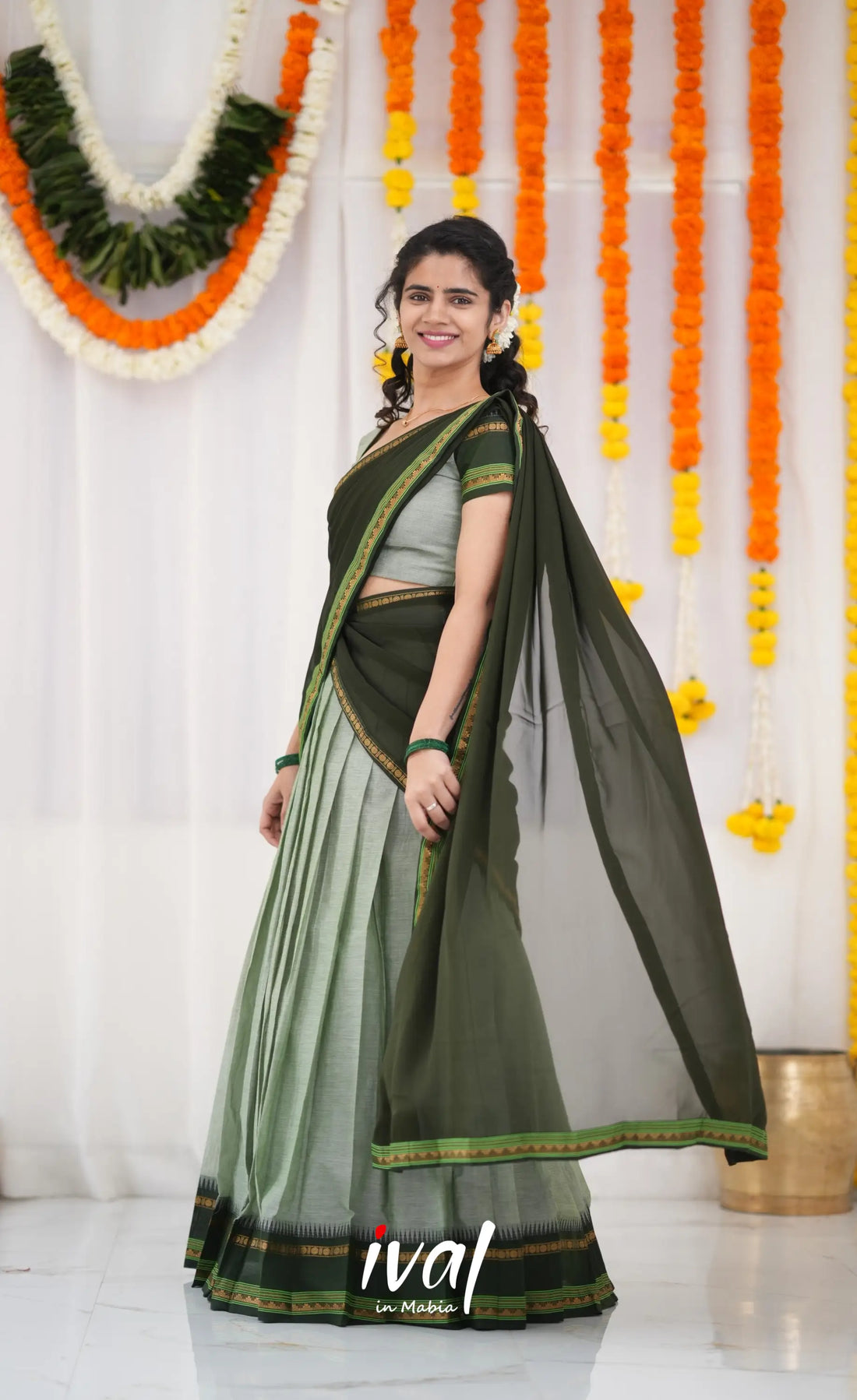 Padmaja Cotton Half Saree - Pastel Green and Dark Green Half Sarees
