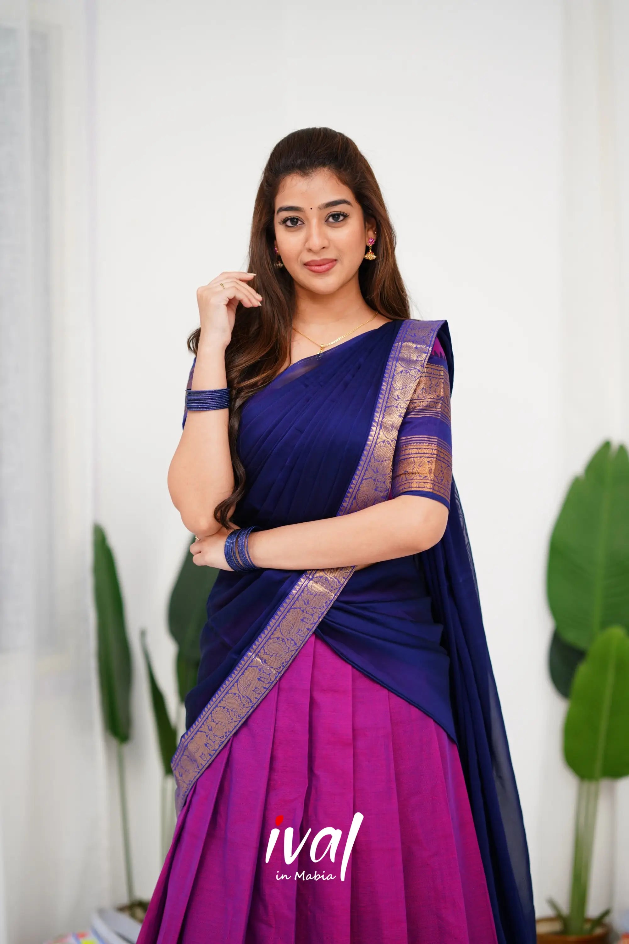 Padmaja Cotton Half Saree - Pinkish Magenta And Navy Blue Sarees