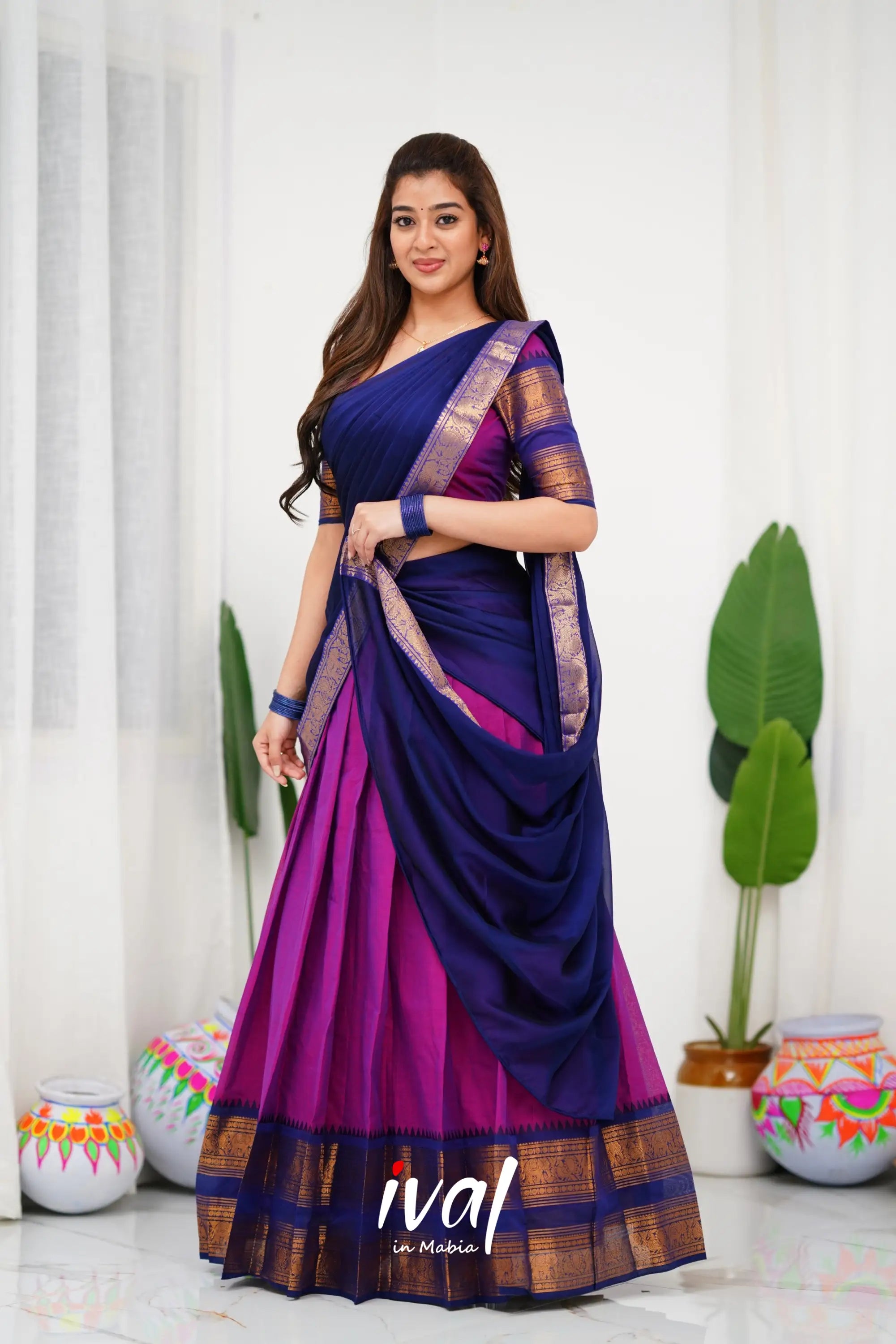 Padmaja Cotton Half Saree - Pinkish Magenta And Navy Blue Sarees