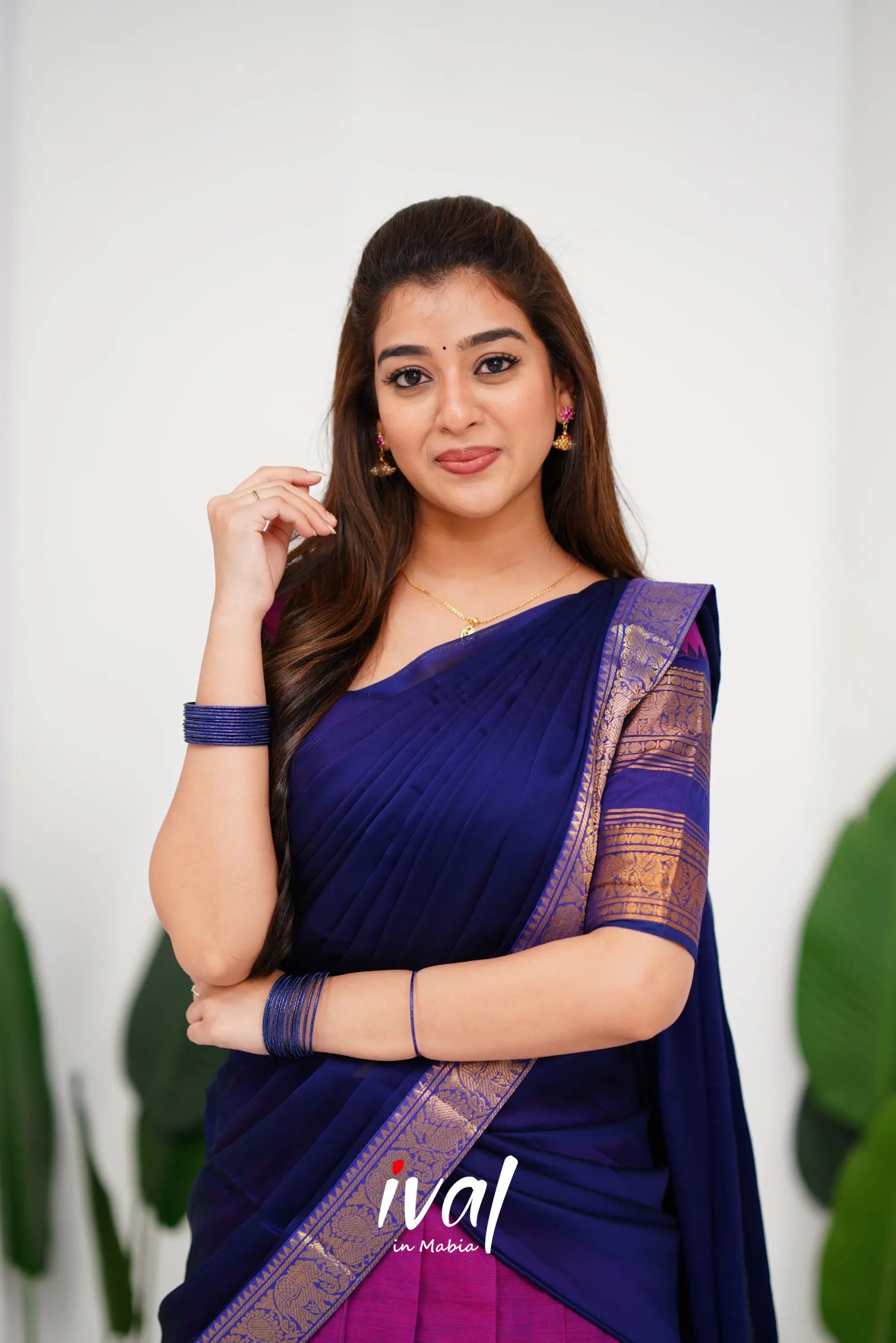 Padmaja Cotton Half Saree - Pinkish Magenta And Navy Blue Sarees