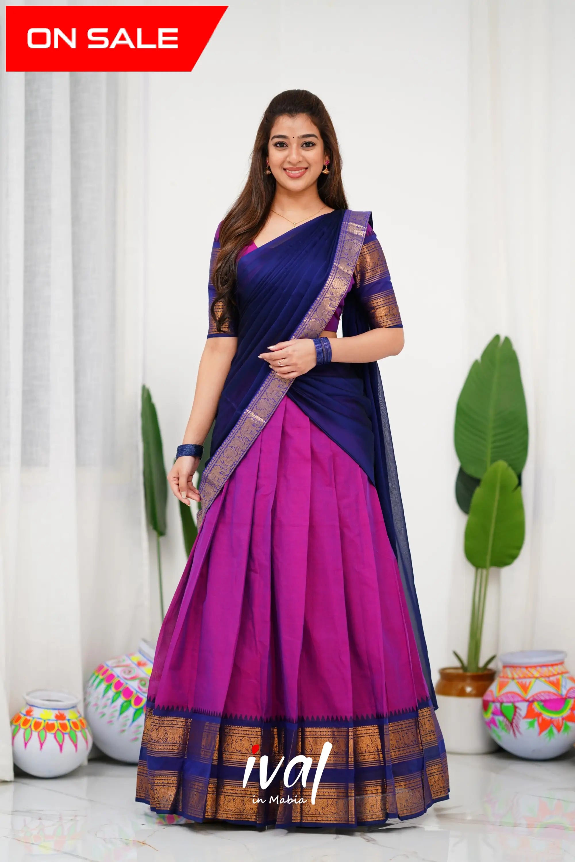 Padmaja Cotton Half Saree - Pinkish Magenta And Navy Blue Sarees
