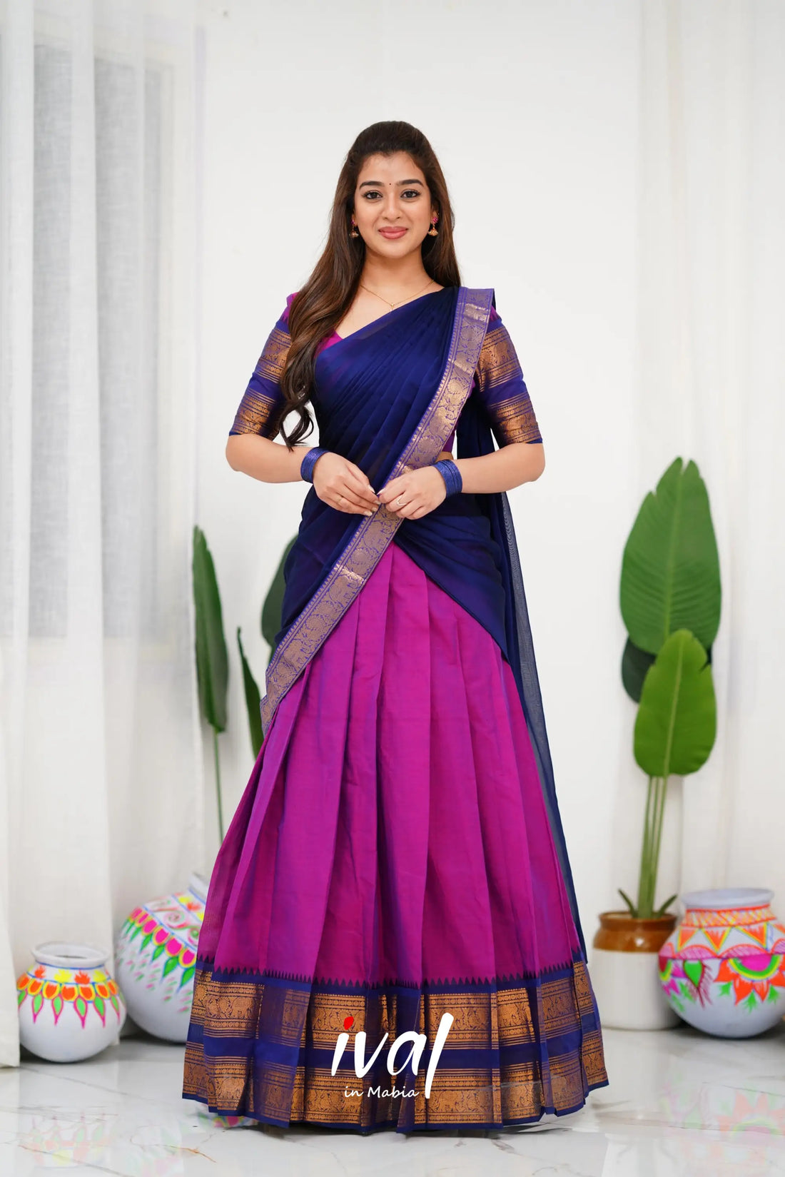 Padmaja Cotton Half Saree - Pinkish Magenta And Navy Blue Sarees