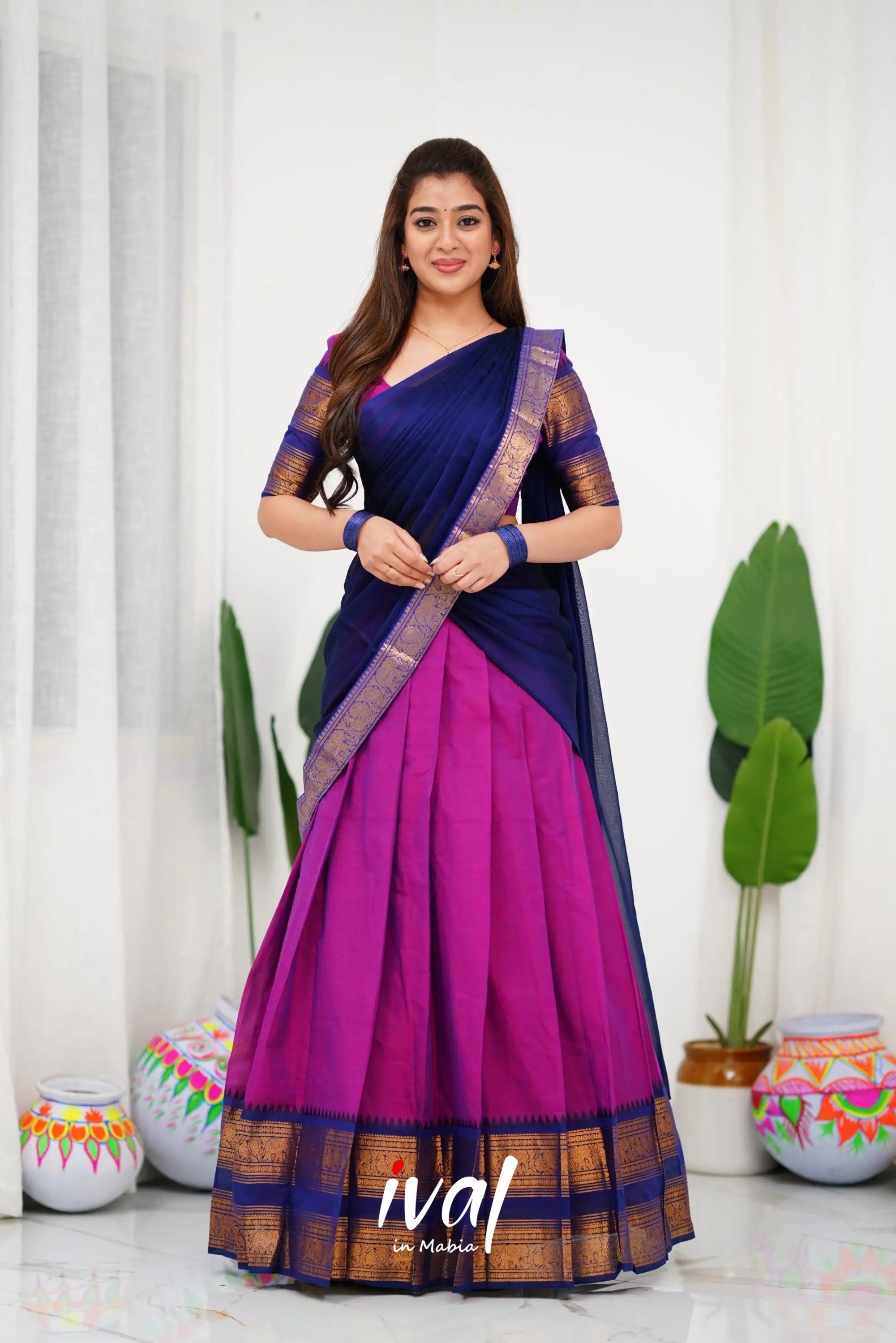 Padmaja Cotton Half Saree - Pinkish Magenta And Navy Blue Sarees