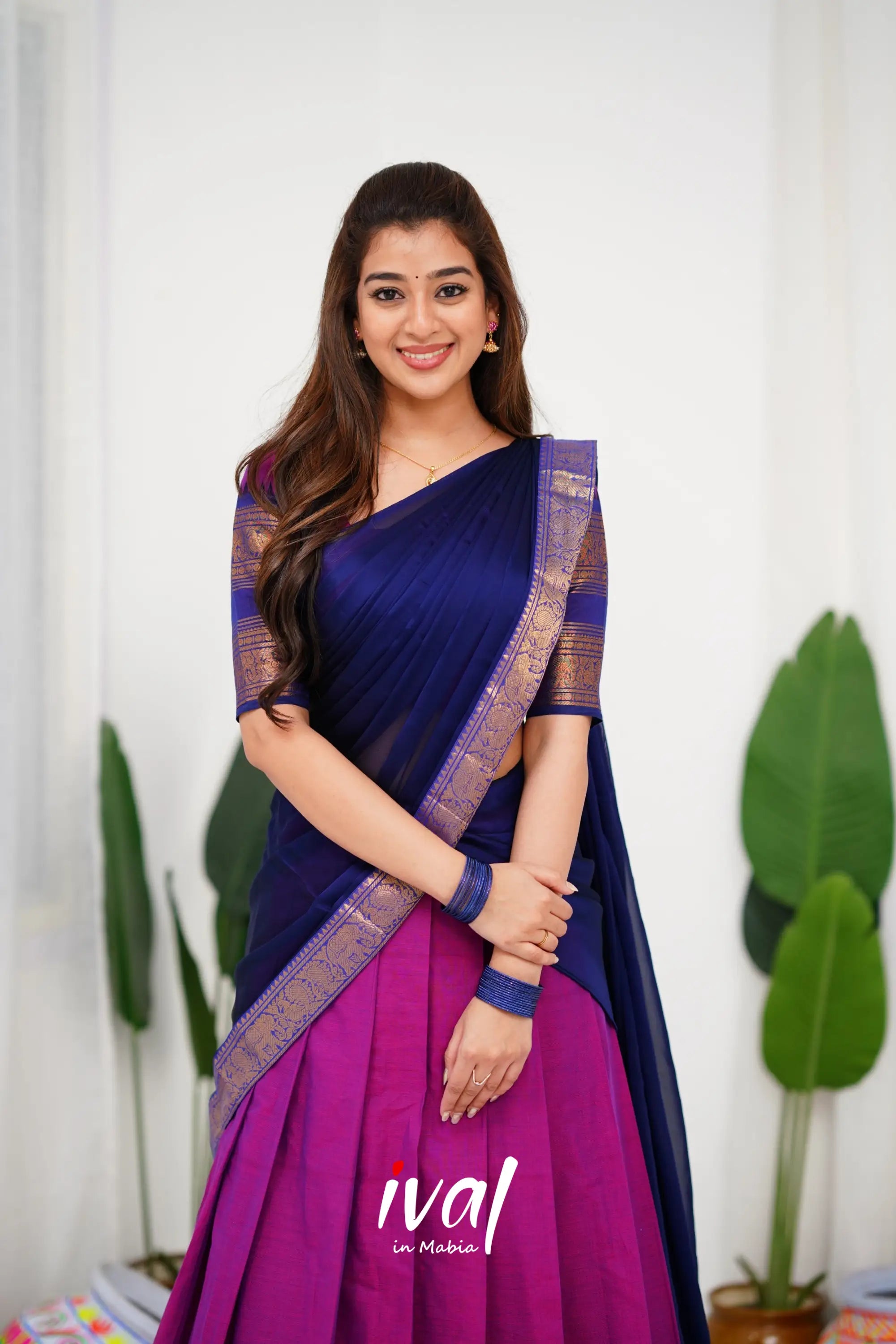 Padmaja Cotton Half Saree - Pinkish Magenta And Navy Blue Sarees