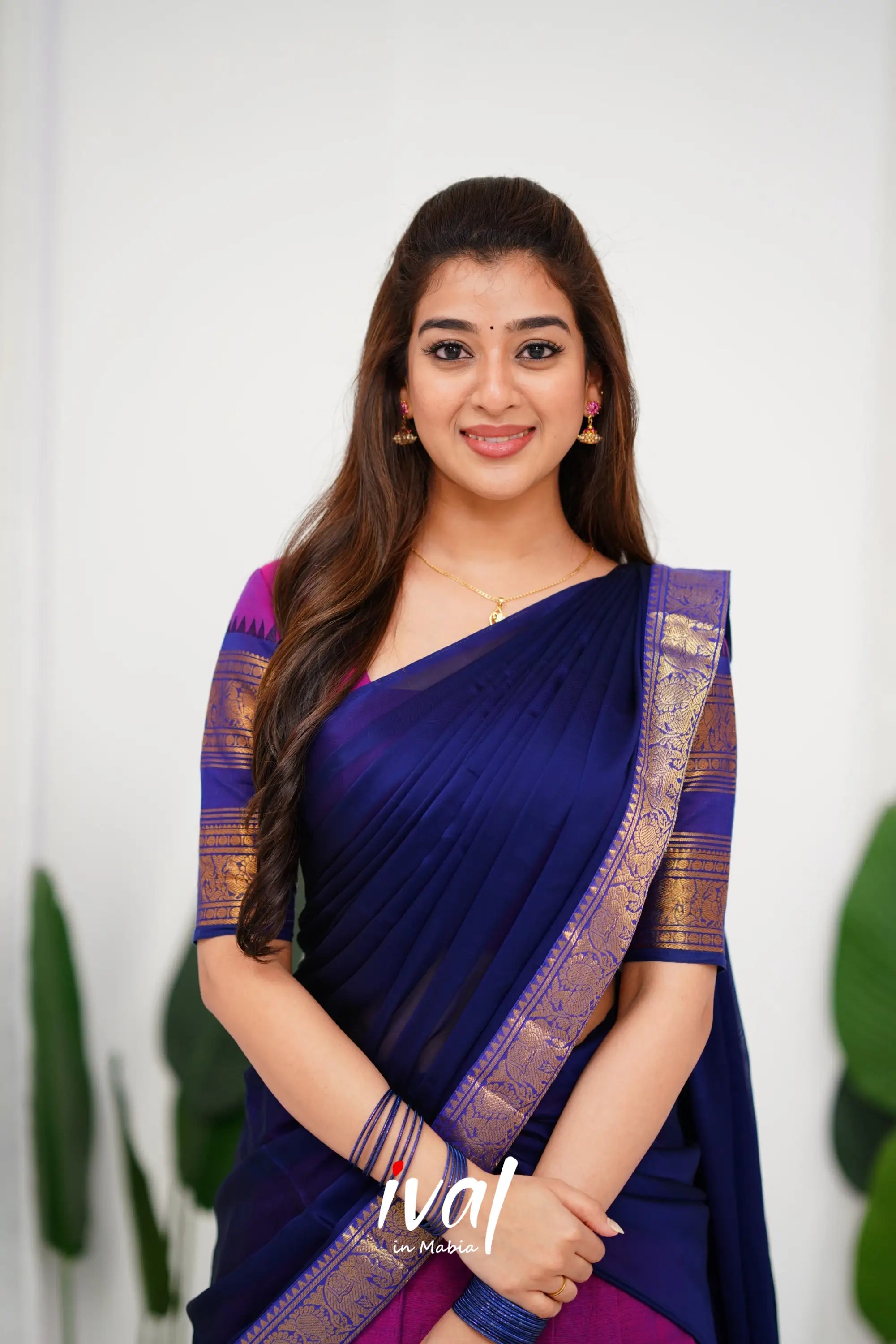 Padmaja Cotton Half Saree - Pinkish Magenta And Navy Blue Sarees