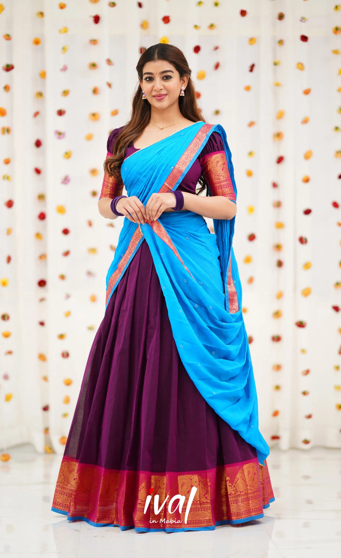 Padmaja Cotton Half Saree - Purple and Sky Blue Half Sarees