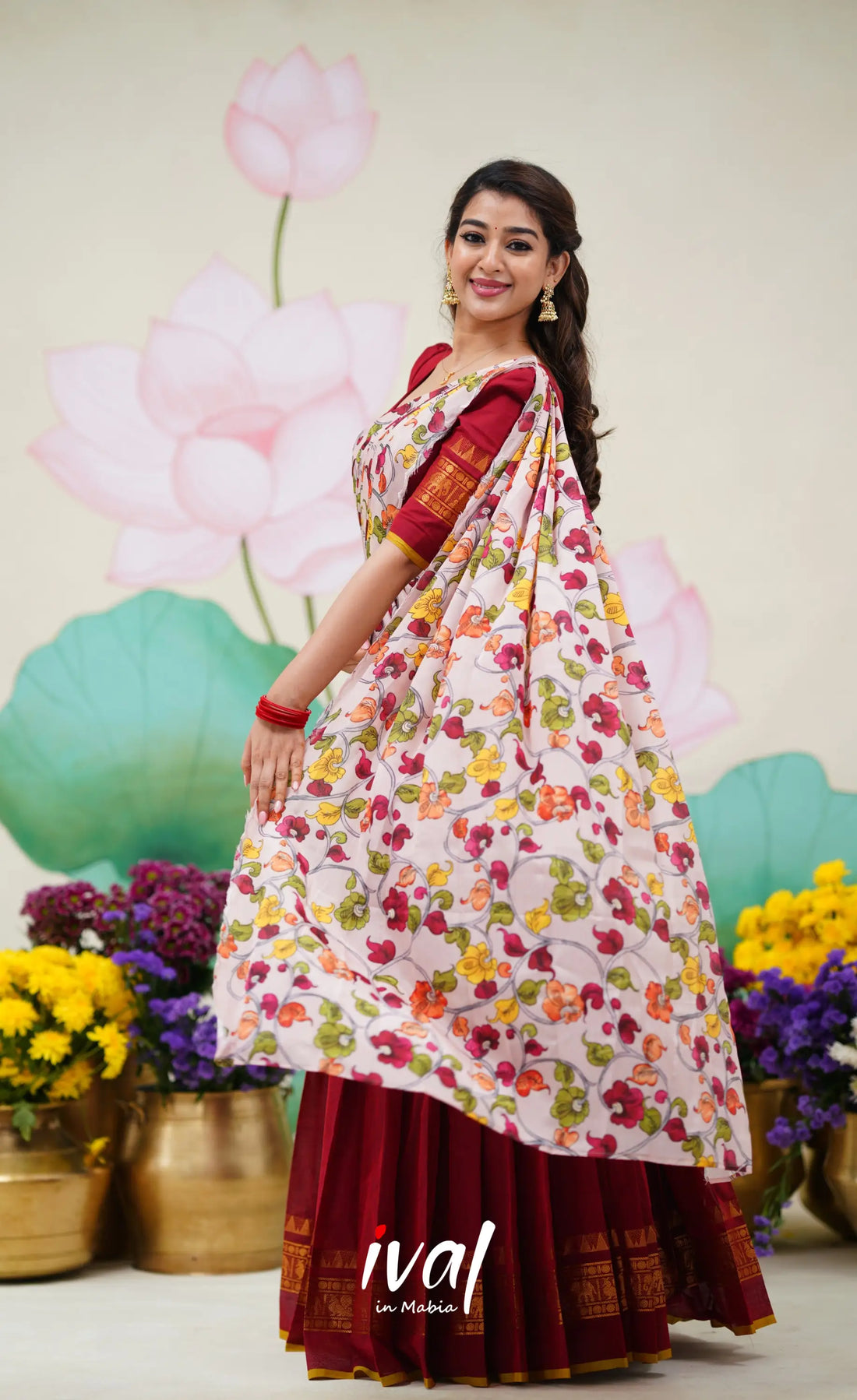 Padmaja Cotton Half Saree Red and Baby Pink Half Sarees
