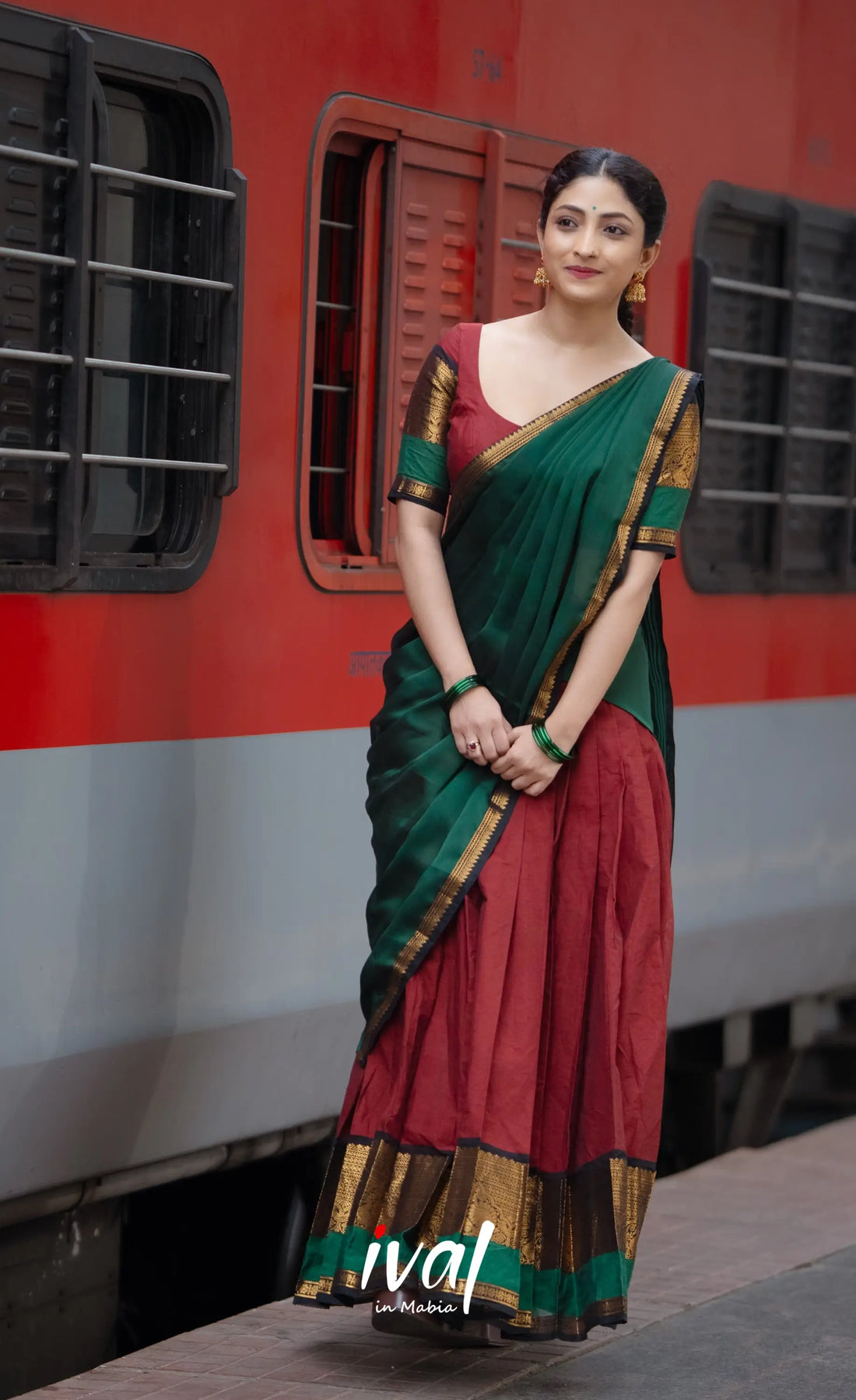Padmaja Cotton Half Saree - Reddish maroon and Bottle green - Half Sarees