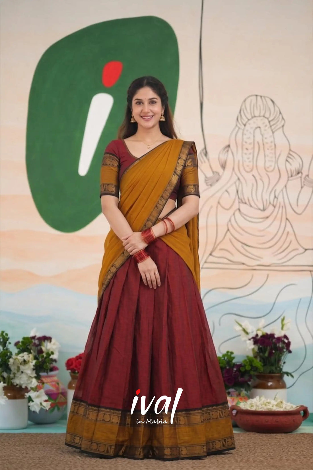 Padmaja Cotton Half Saree - Reddish maroon and Mustard yellow - Half Sarees