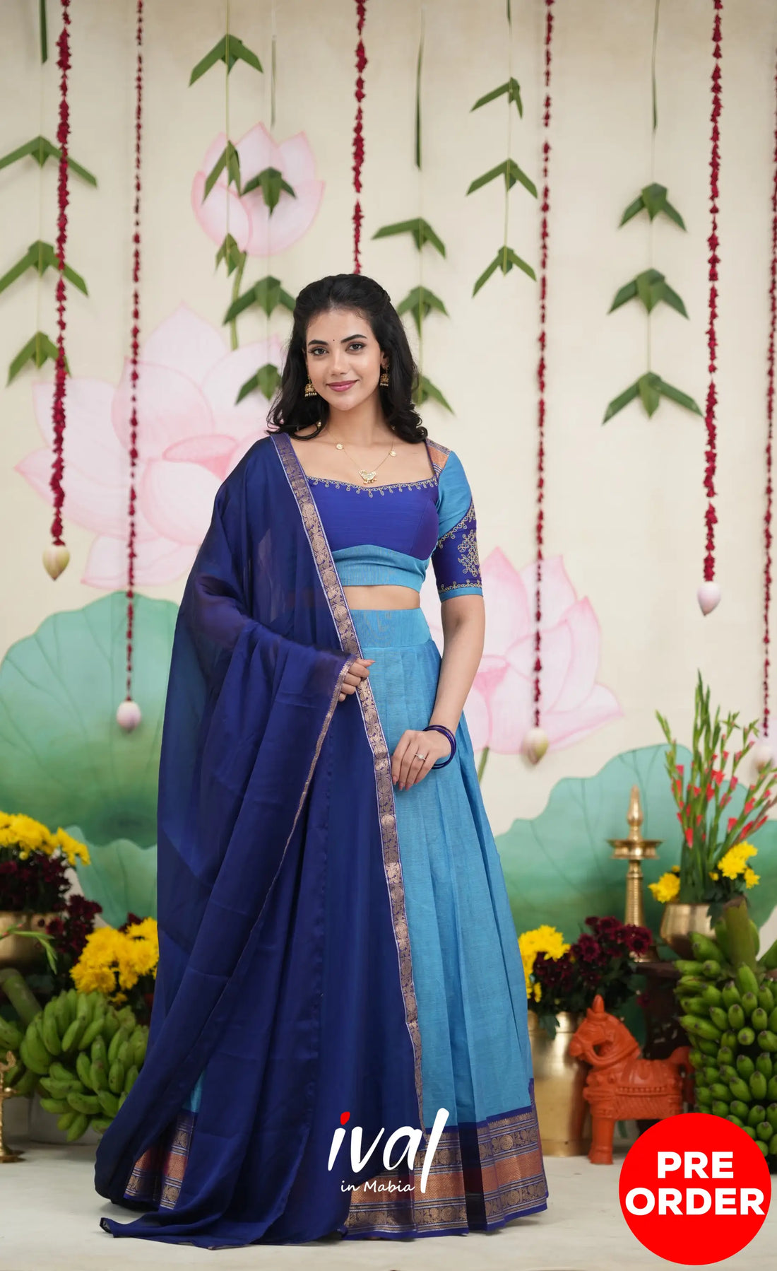 Padmaja Cotton Half Saree - Sky Blue and Dark Blue Half Sarees