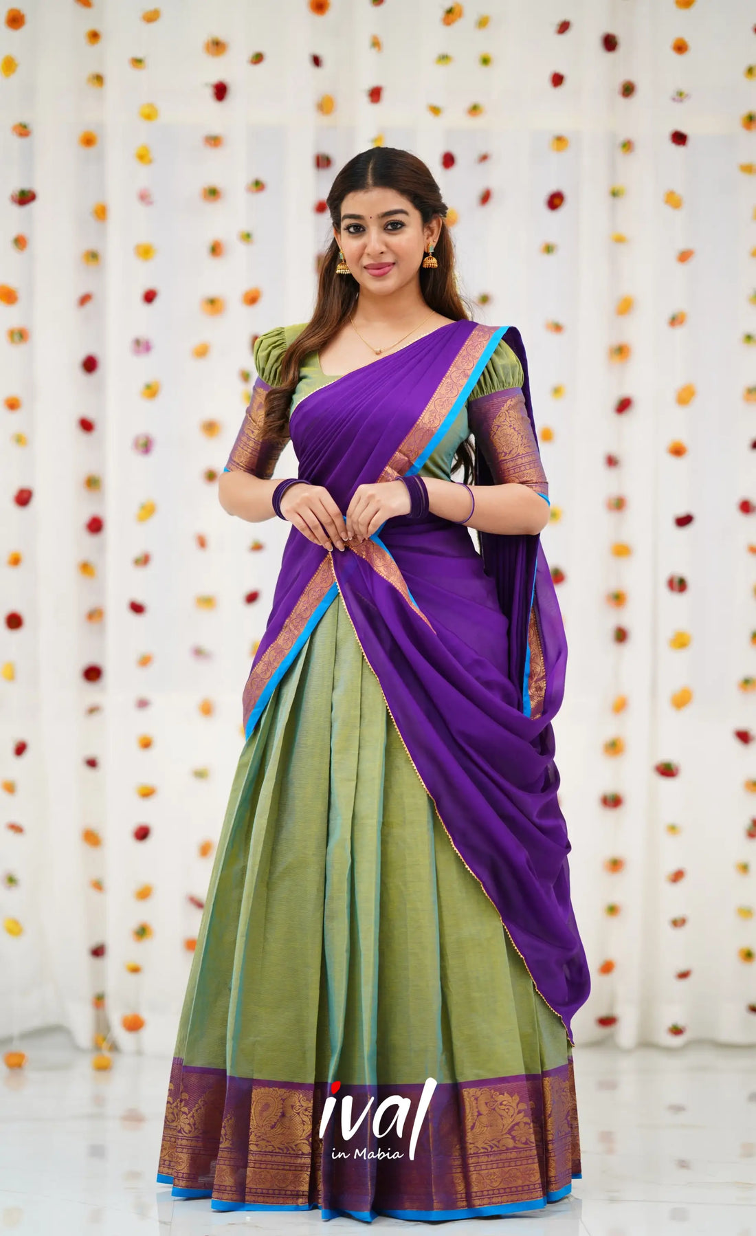 Padmaja Cotton Half Saree - Two tone Green and Purple Half Sarees