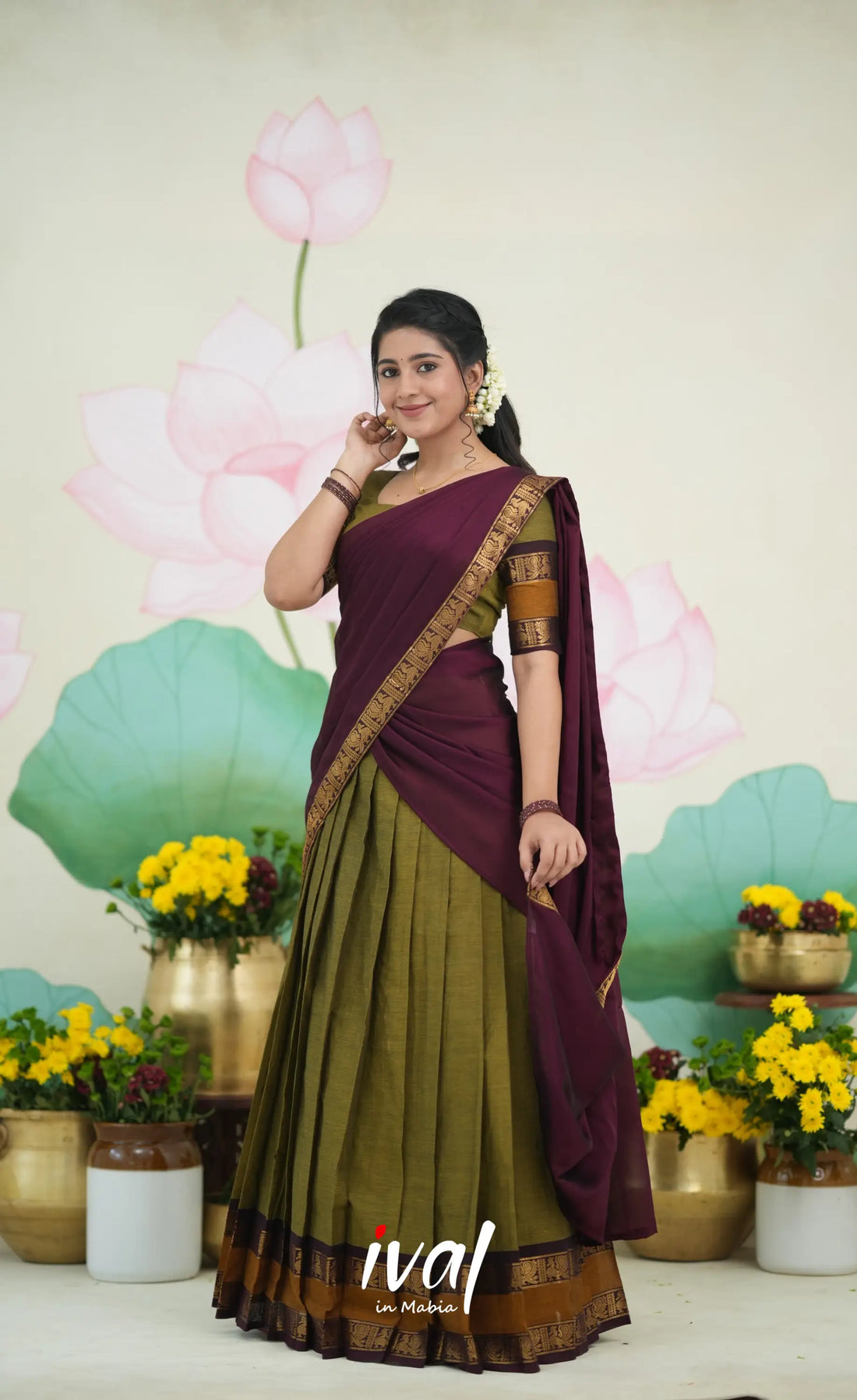Padmaja Cotton Half Saree - Two tone Henna Brown and Maroon Half Sarees