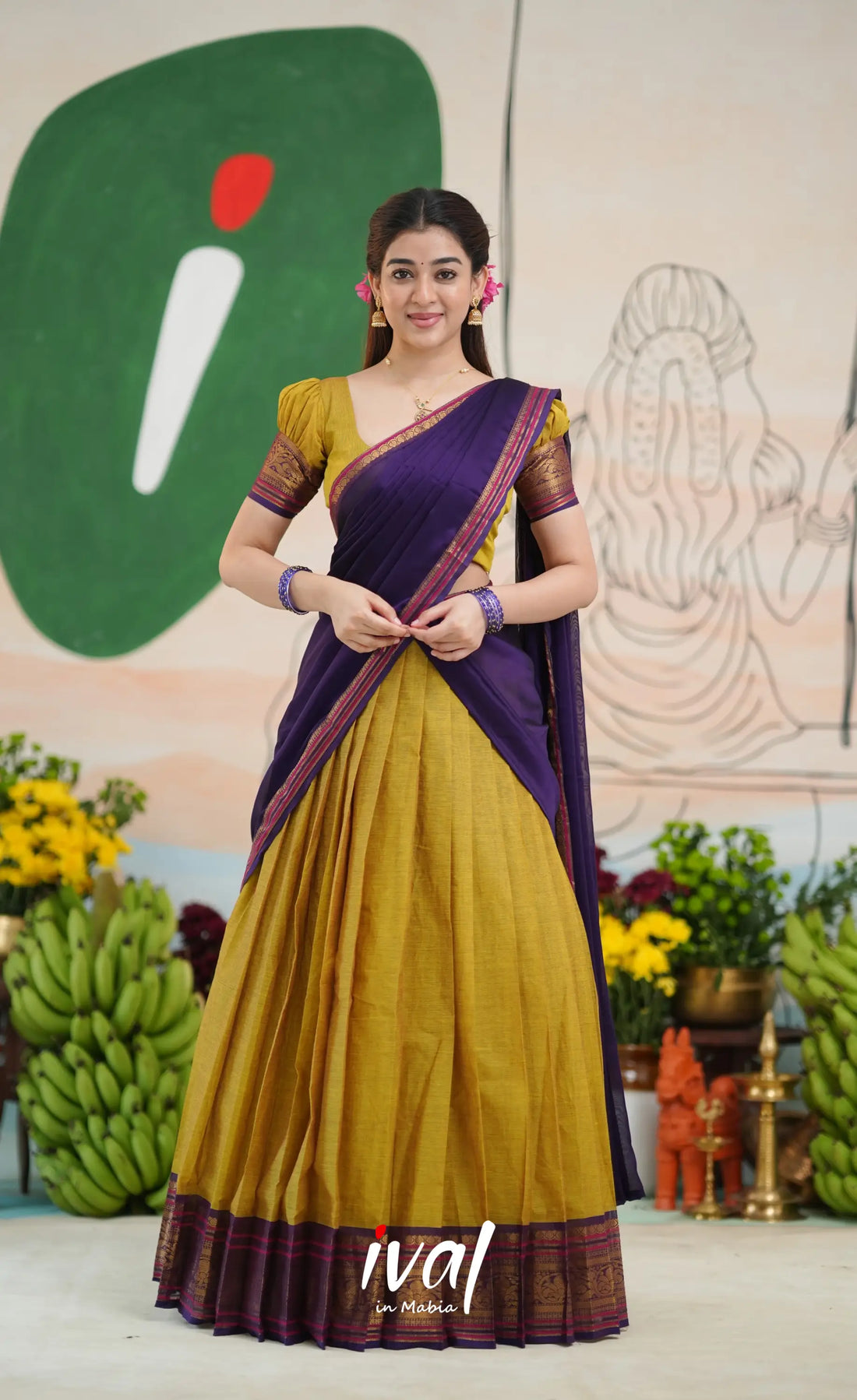 Padmaja Cotton Half Saree - Two-tone Henna yellow and Dark Purple - Half Sarees
