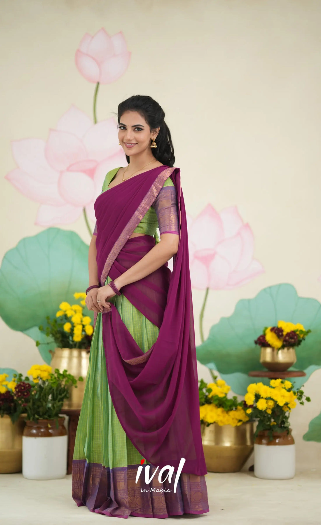 Padmaja Cotton Half Saree - Two tone light Green and Violet Half Sarees