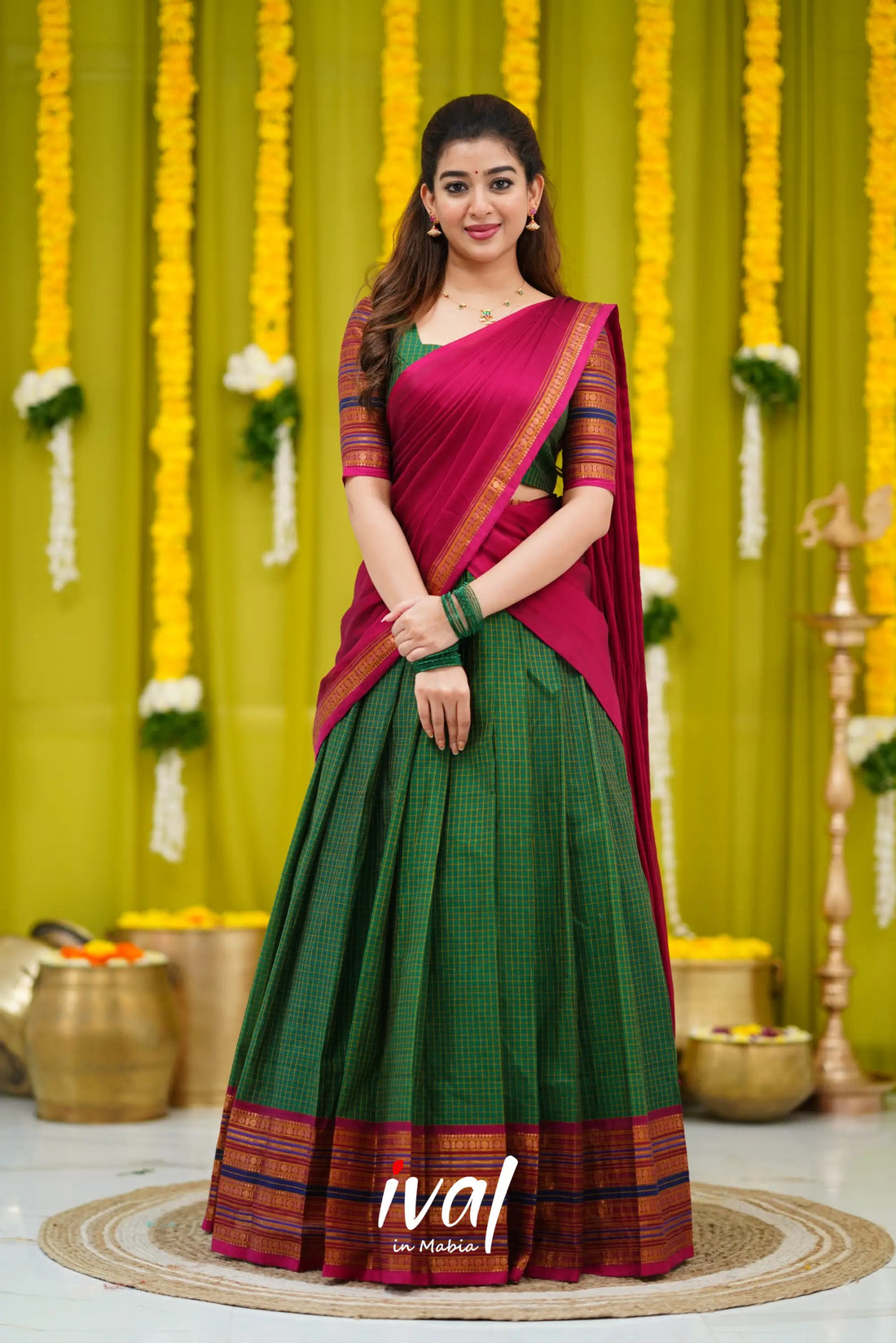 Padmaja Cotton Halfsaree - Bottle Green And Dark Pink Half Sarees