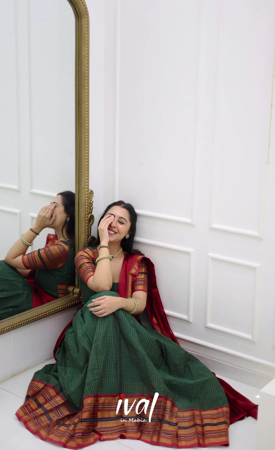 Padmaja Cotton Halfsaree - Bottle Green and Dark Pink Half Sarees