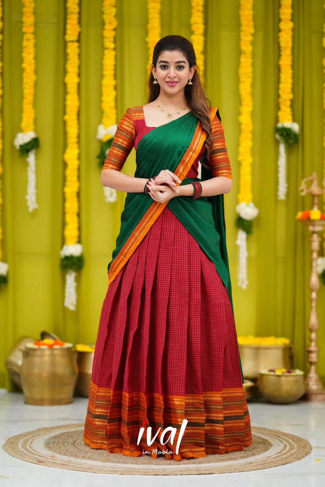 Padmaja Cotton Halfsaree - Maroon And Bottle Green Half Sarees