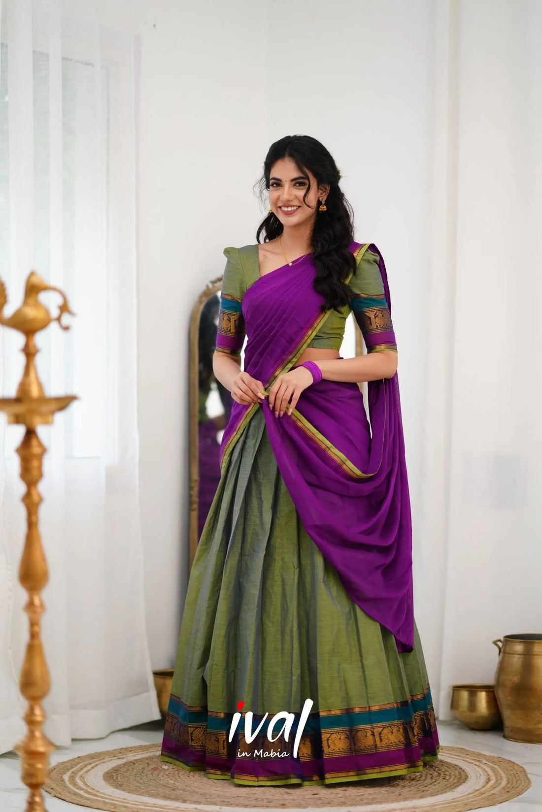 Padmaja Cotton Halfsaree - Two Tone Green And Ink Blue Half Sarees