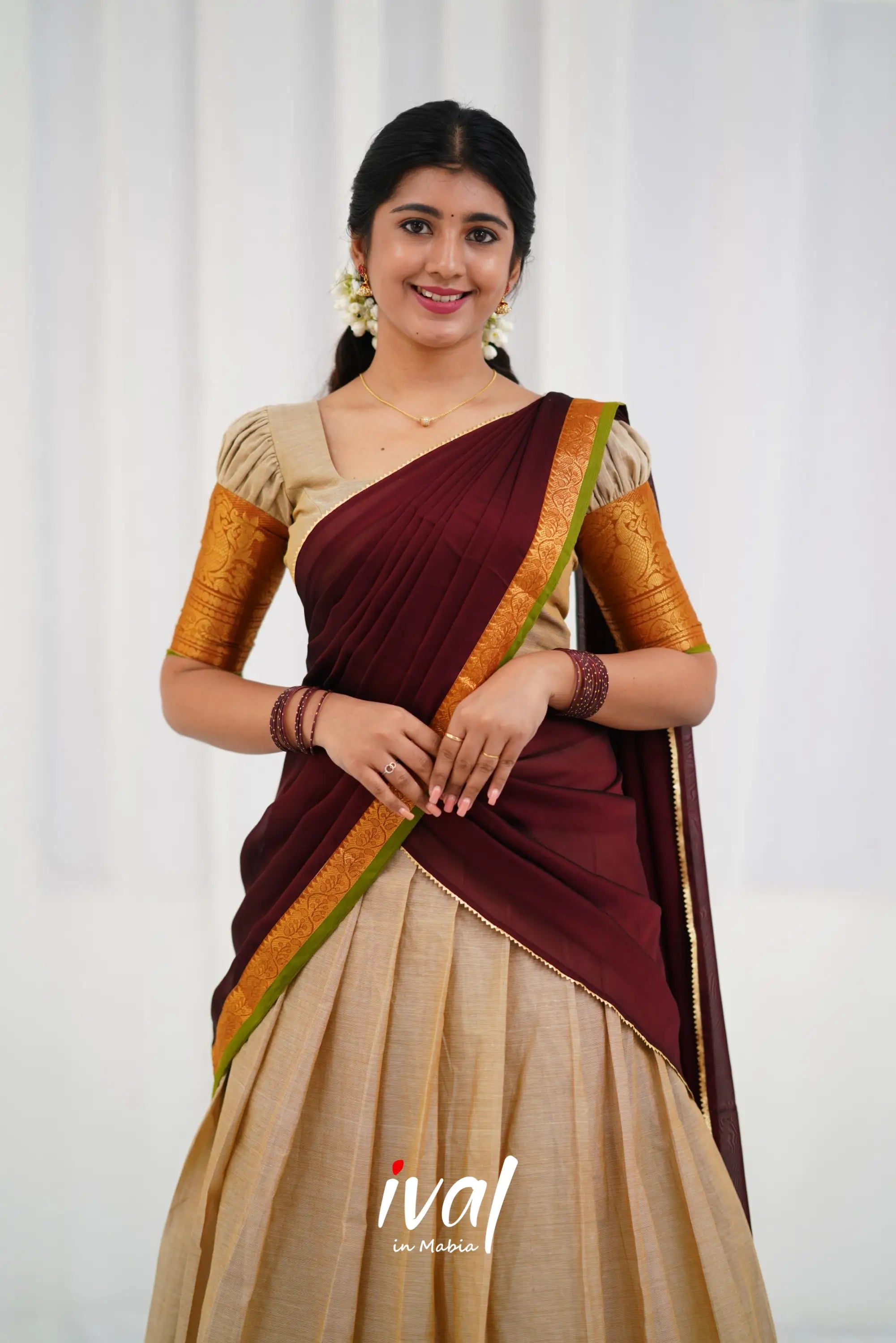 Padmaja - Half White And Maroon Cotton Halfsaree Sarees