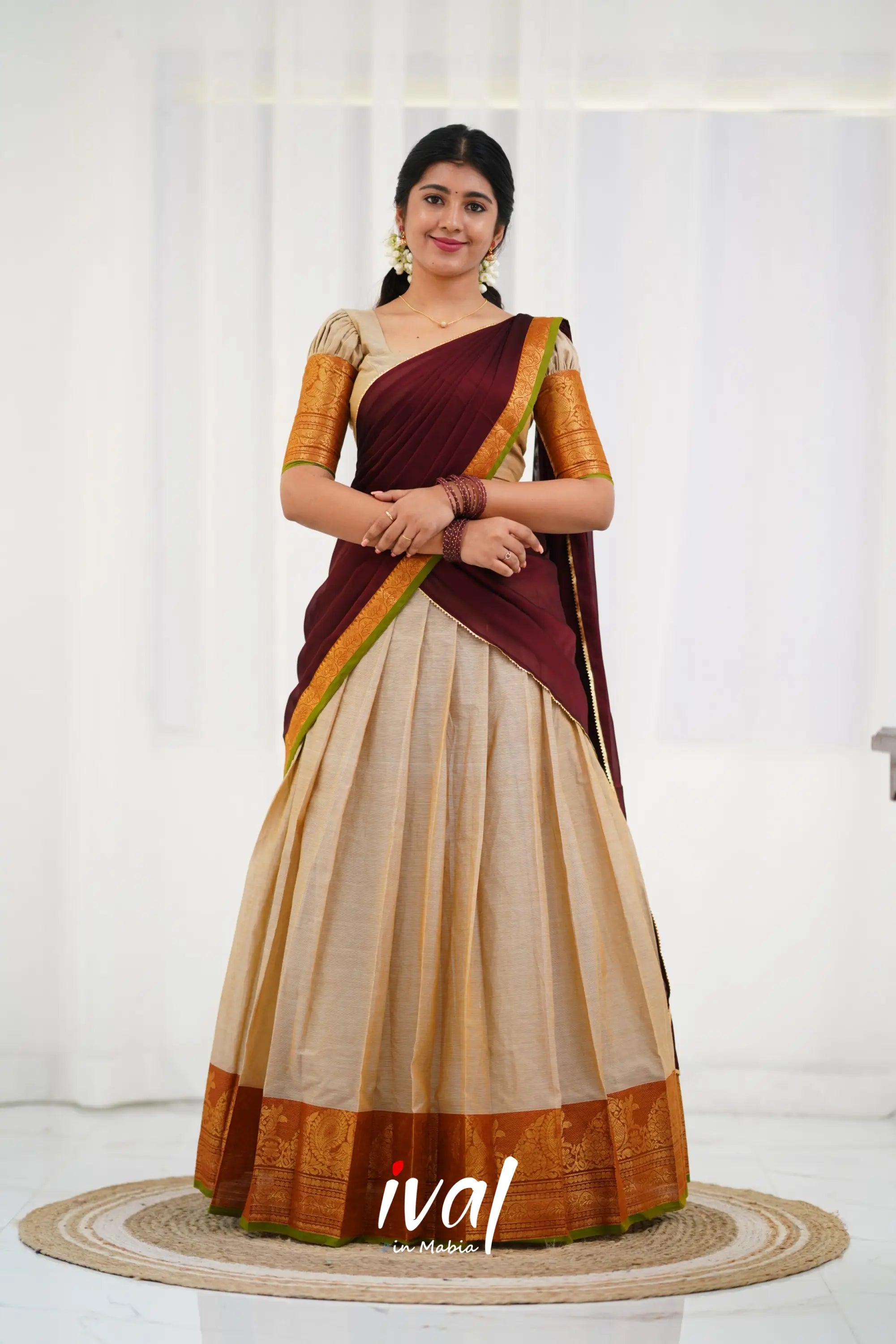 Padmaja - Half White And Maroon Cotton Halfsaree Sarees