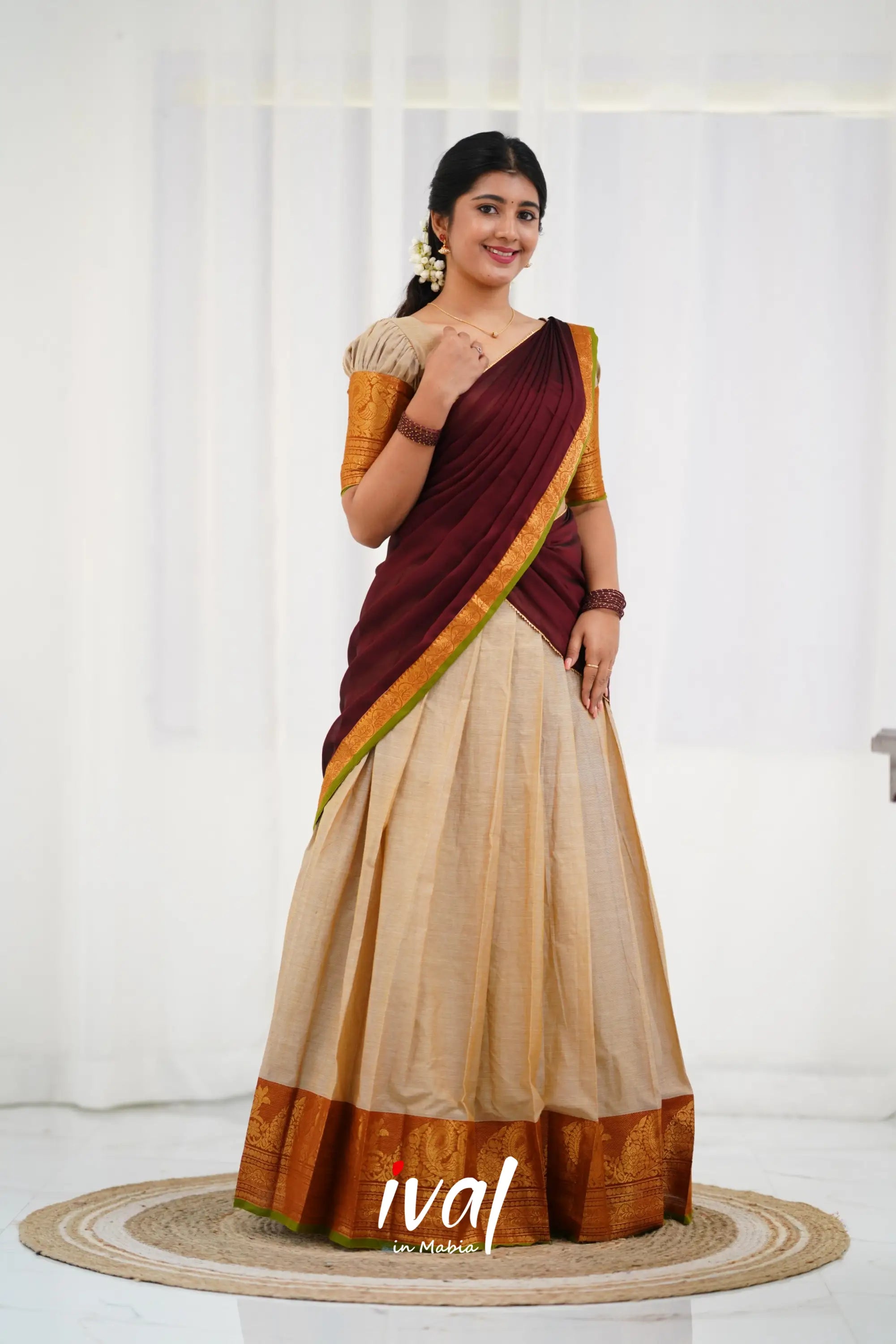 Padmaja - Half White And Maroon Cotton Halfsaree Sarees