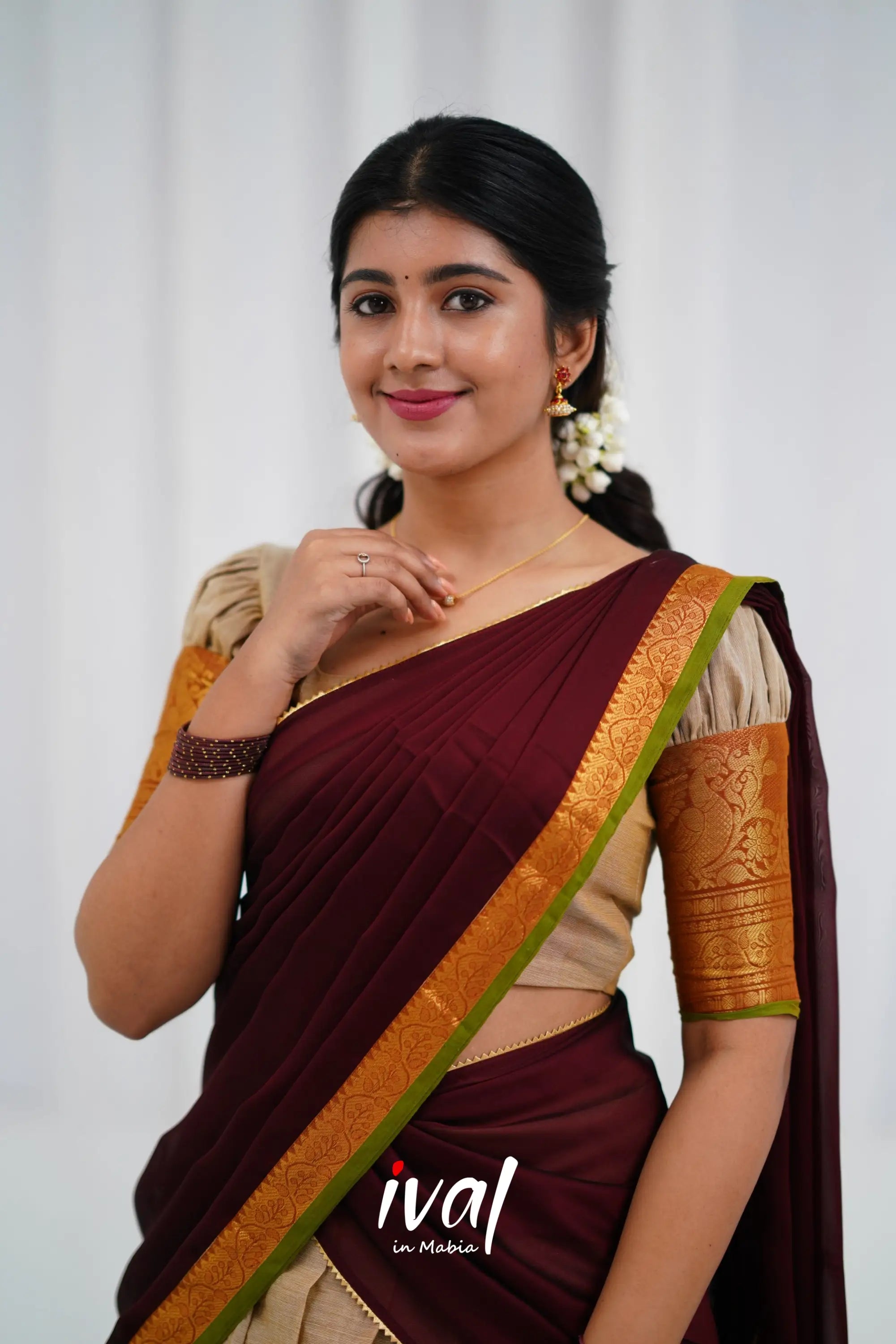 Padmaja - Half White And Maroon Cotton Halfsaree Sarees