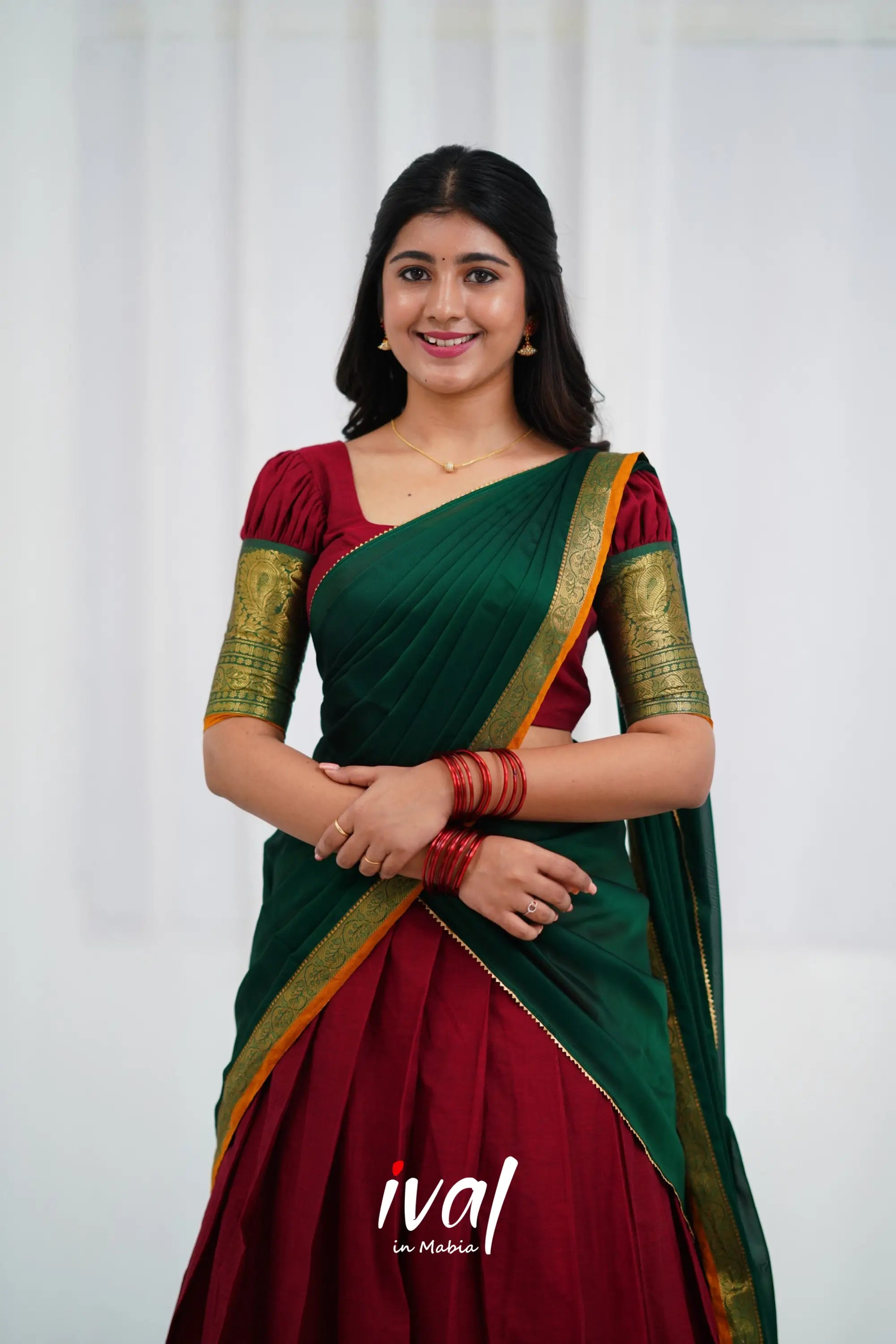 Padmaja - Maroon And Dark Green Cotton Halfsaree Half Sarees