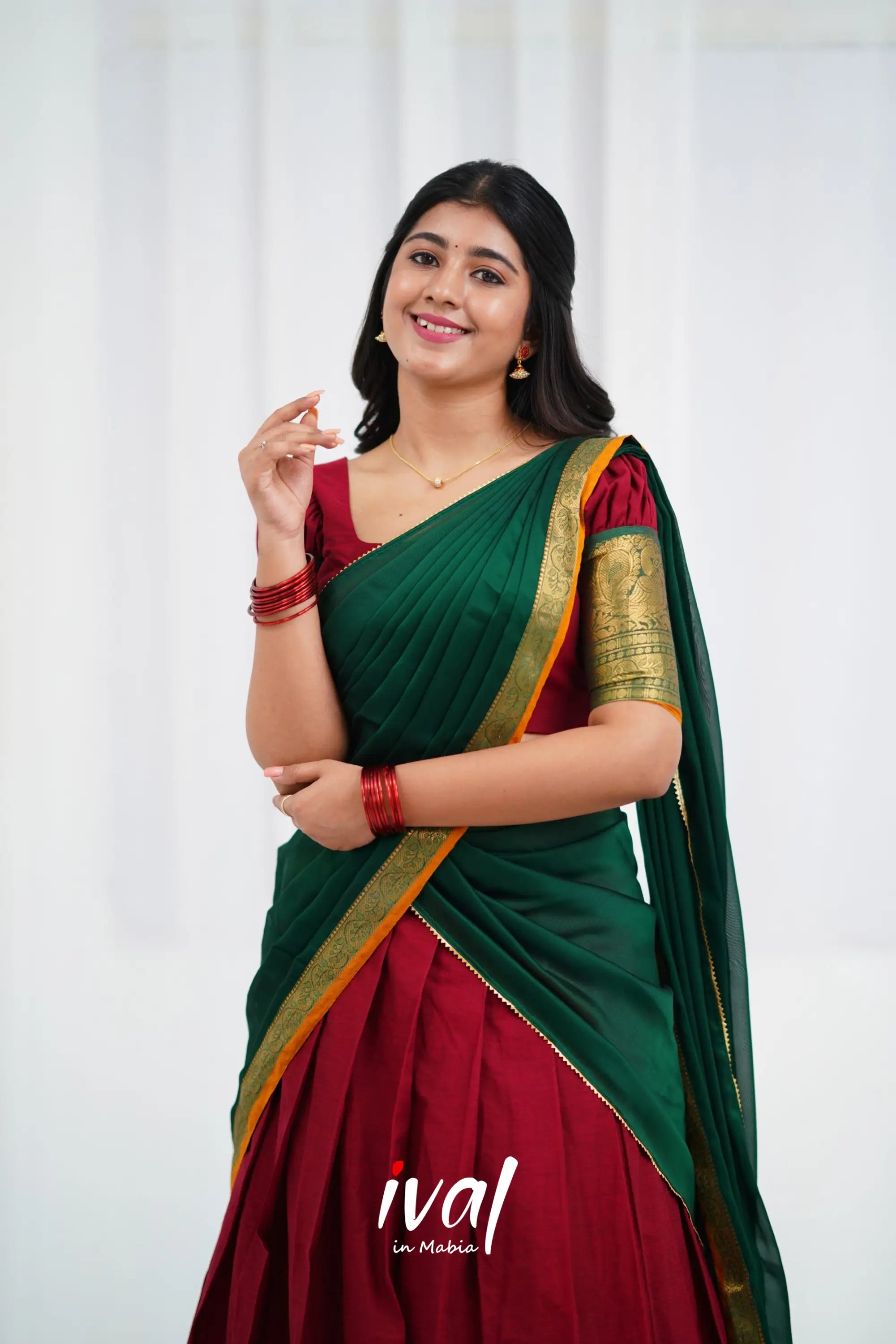 Padmaja - Maroon And Dark Green Cotton Halfsaree Half Sarees