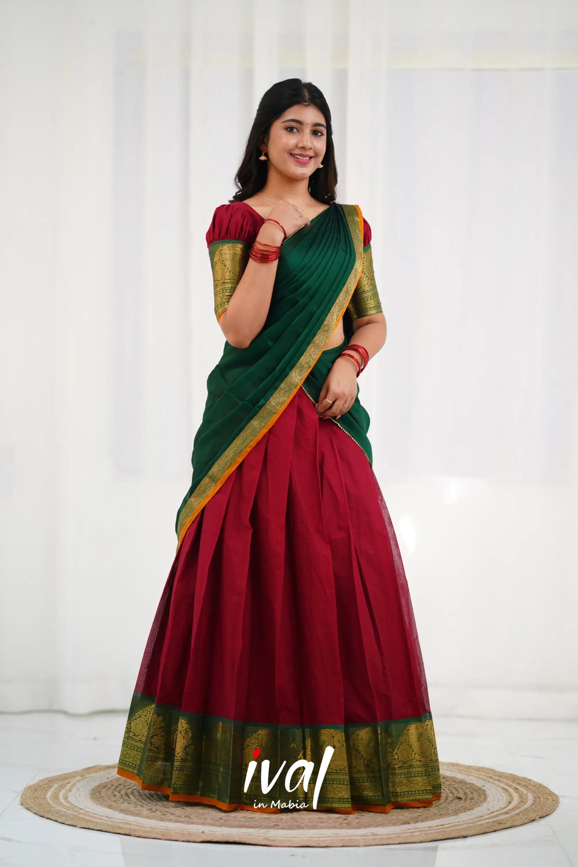 Padmaja - Maroon And Dark Green Cotton Halfsaree Half Sarees
