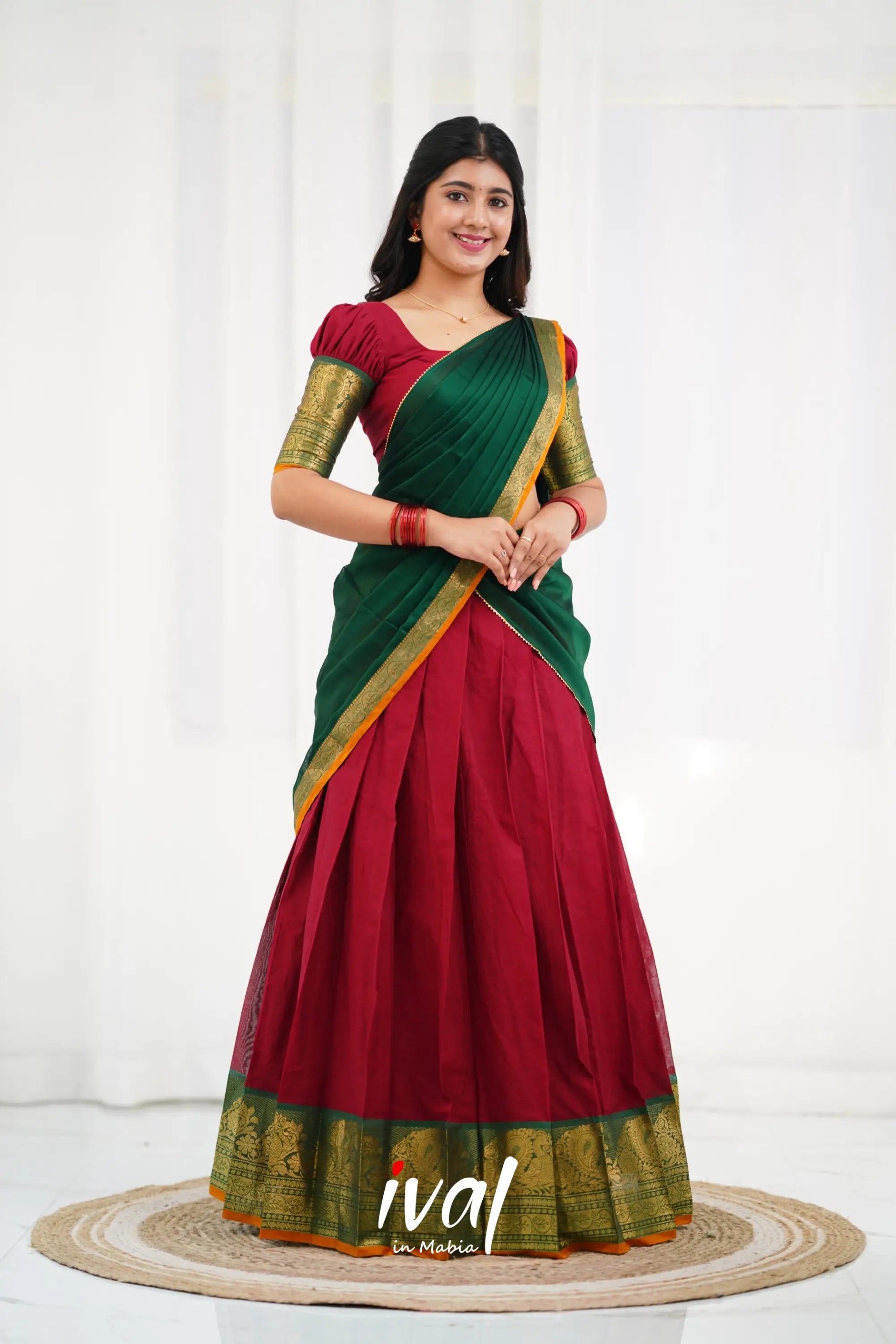 Padmaja - Maroon And Dark Green Cotton Halfsaree Half Sarees