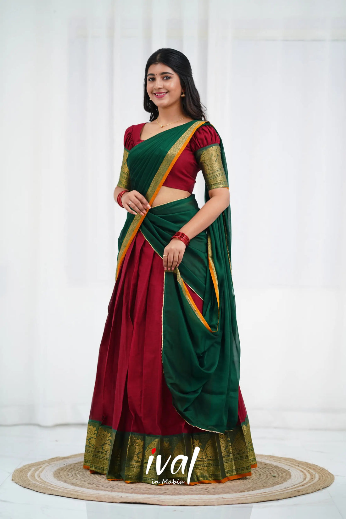 Padmaja - Maroon And Dark Green Cotton Halfsaree Half Sarees