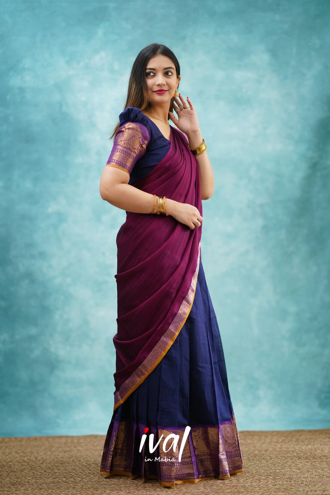 Padmaja - Navy Blue And Magenta Cotton Halfsaree Half Sarees