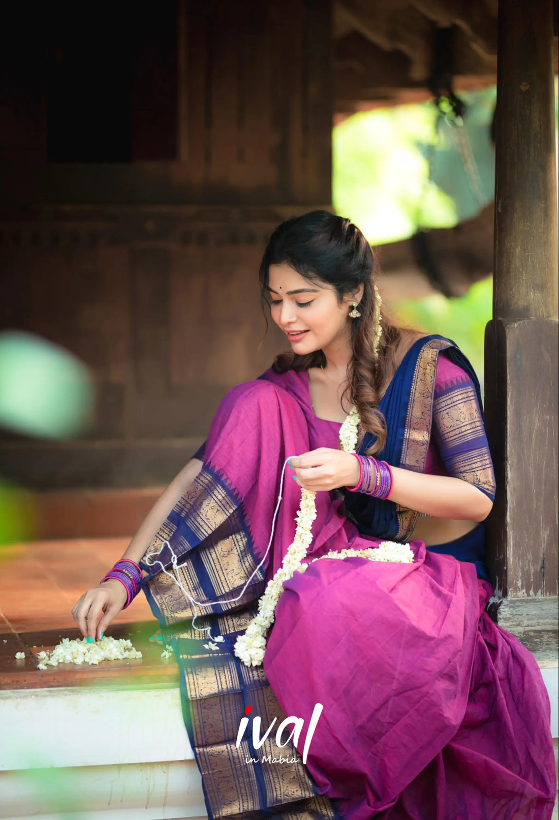 Padmaja - Pinkish Magenta And Navy Blue Cotton Halfsaree Half Sarees
