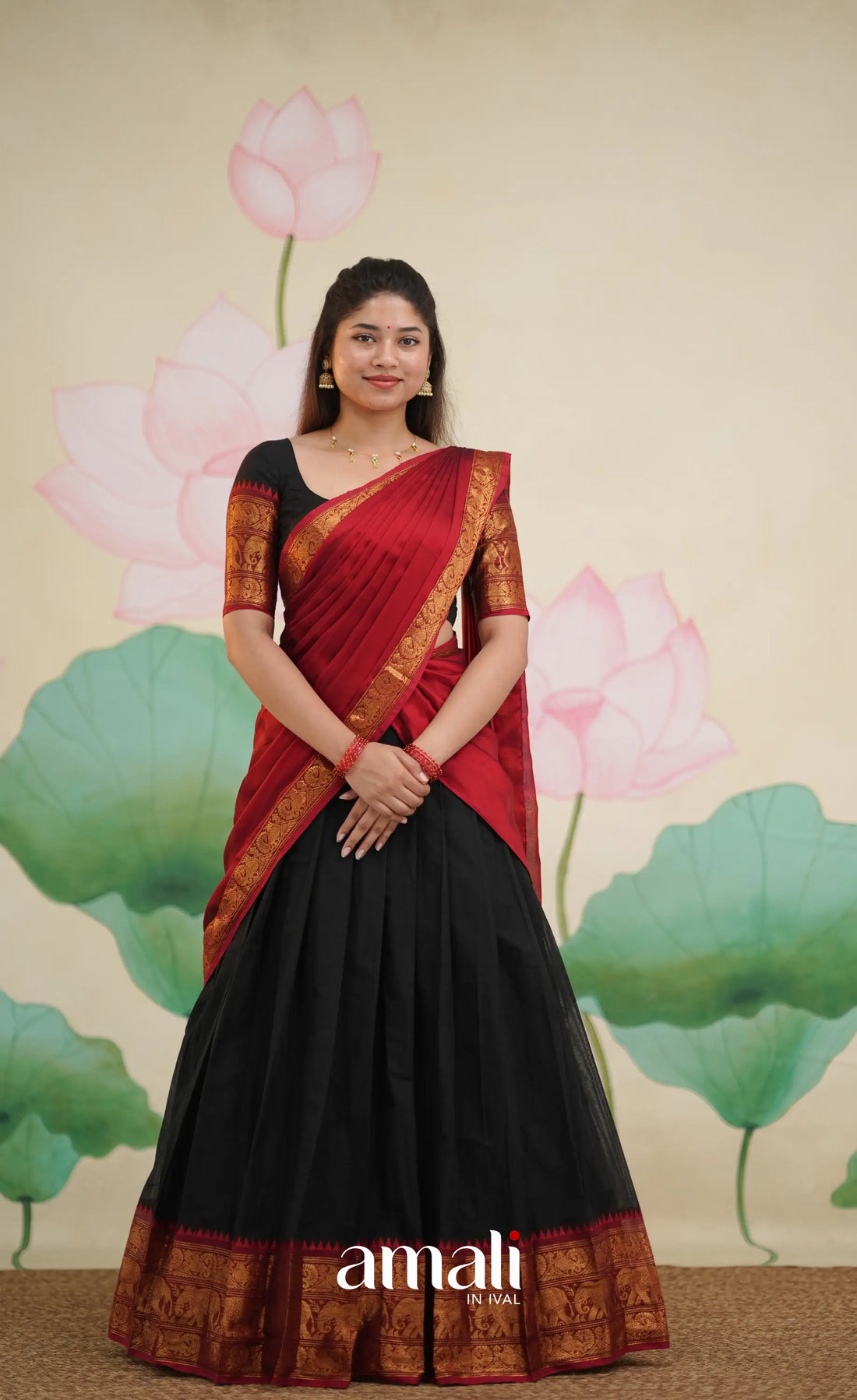 Padmaja - Red and Black Chettinad Cotton Halfsaree - Half Sarees