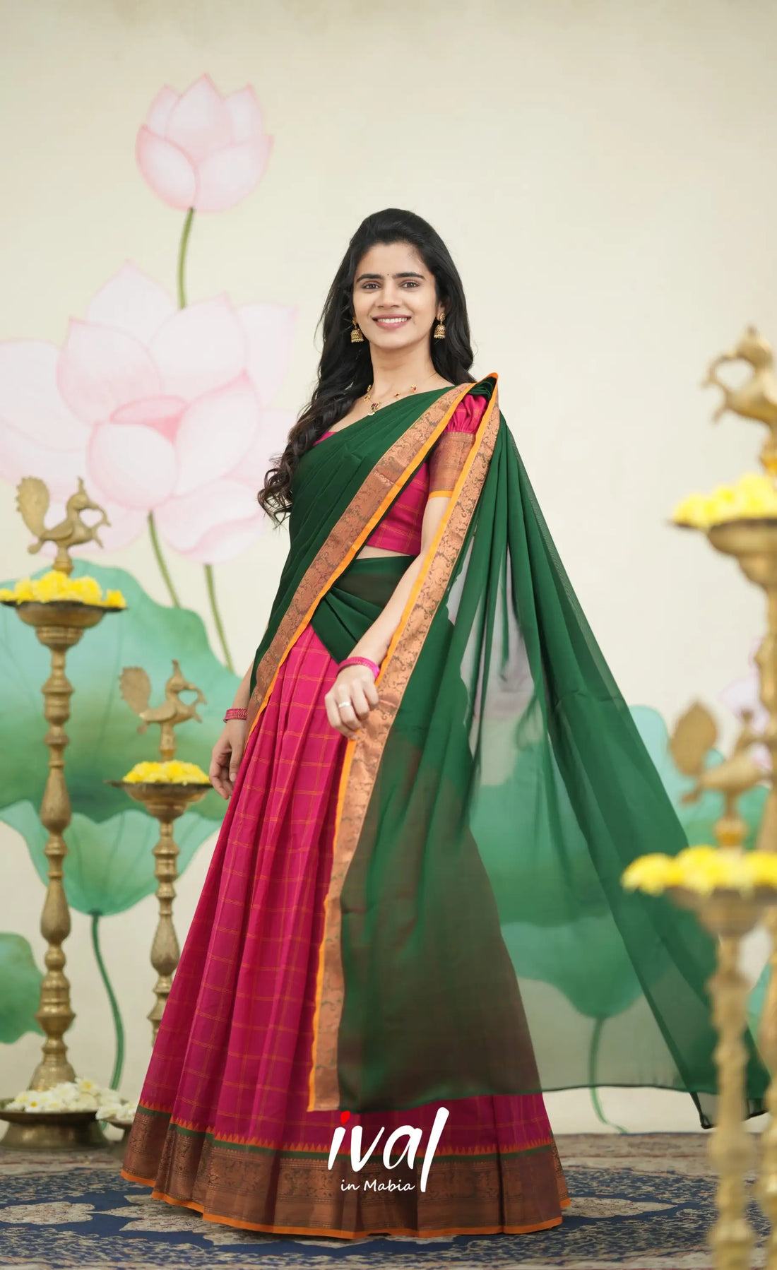 Padmaja - Red and Bottle Green Cotton Halfsaree - Half Sarees
