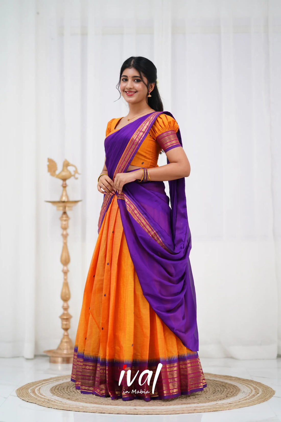 Padmaja - Two Tone Mango Yellow And Purple Cotton Halfsaree Half Sarees