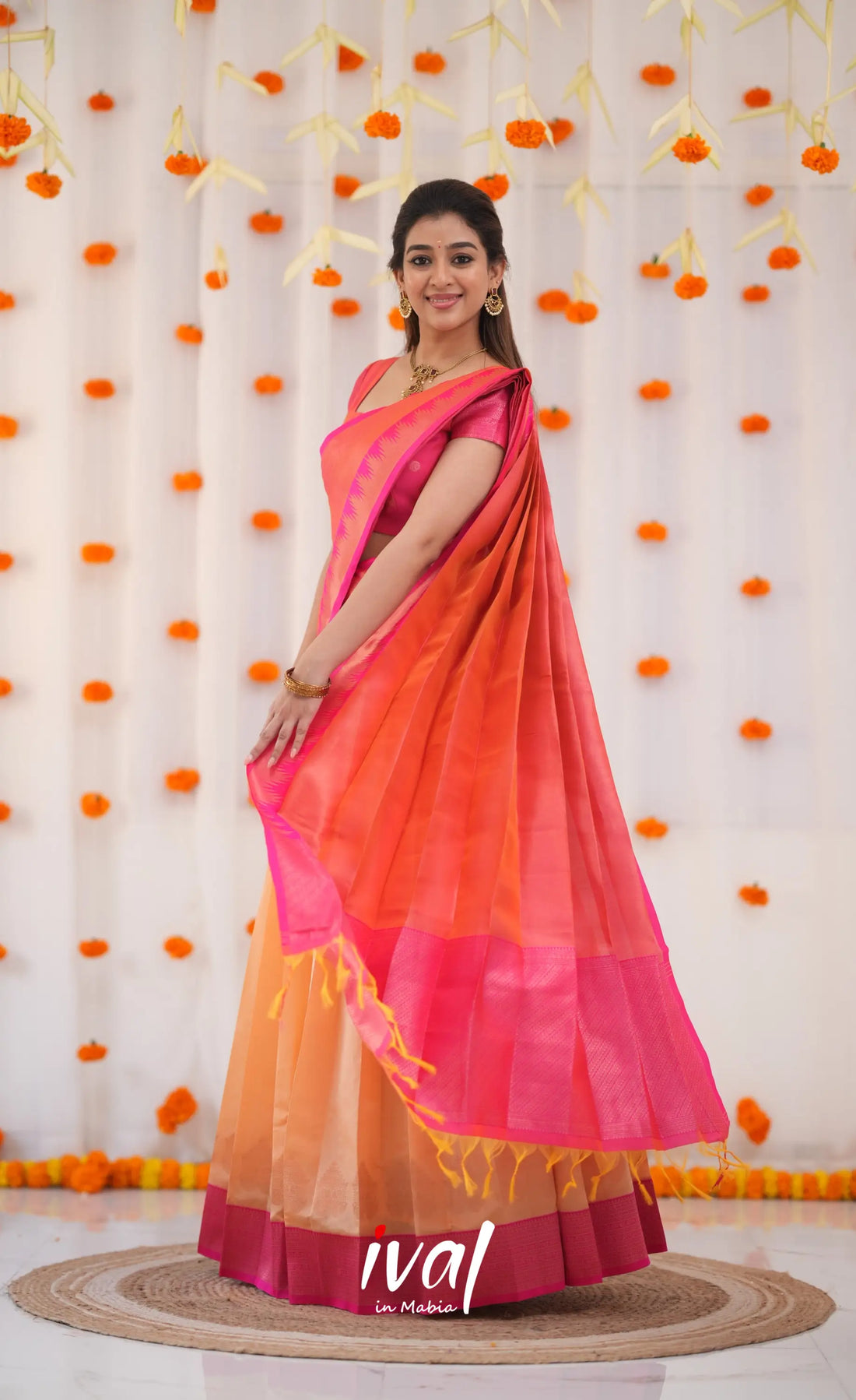 Padmakshi Blended Silk Half Saree - Peach and Bright Pink Half Sarees