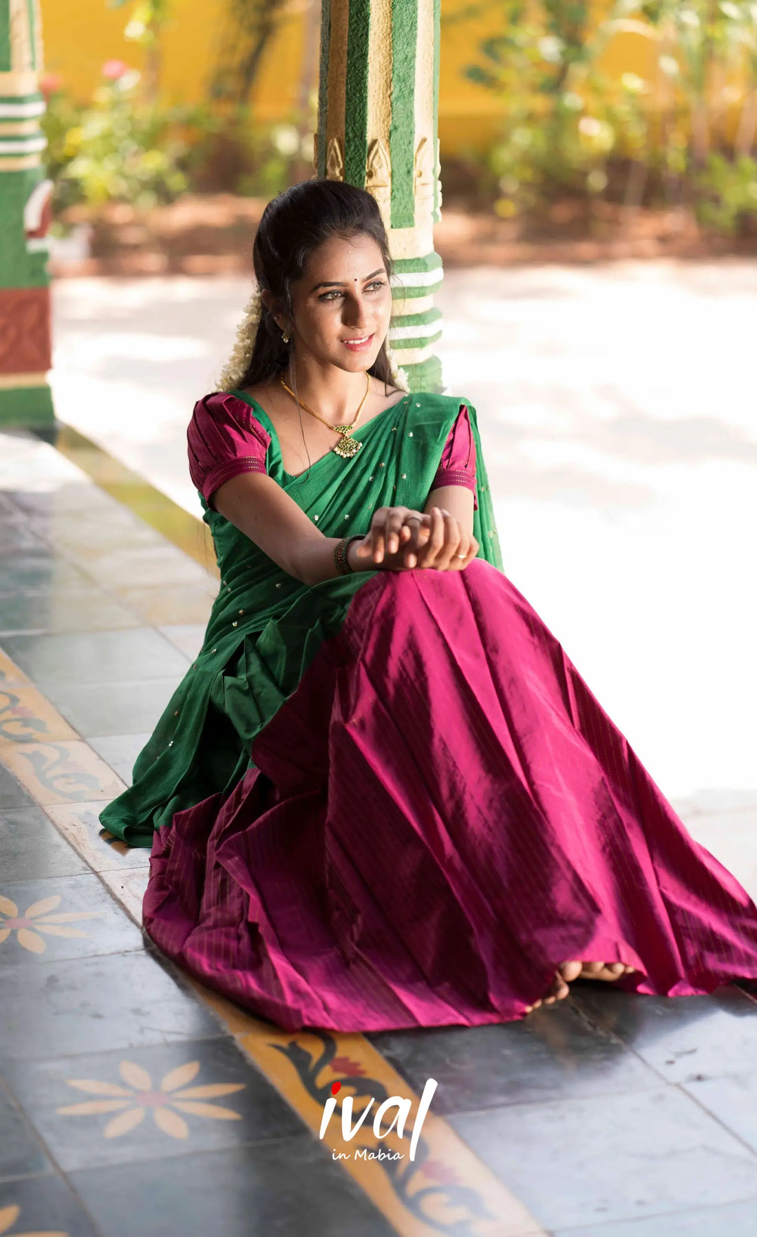 Padmakshi Blended Silk Halfsaree - Green and Light Burgundy Half Sarees