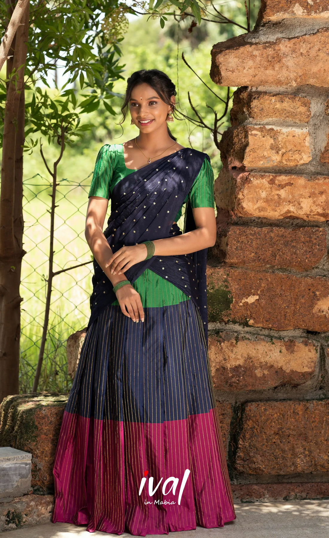 Padmakshi Blended Silk Halfsaree - Magenta Navy Blue and Green Half Sarees