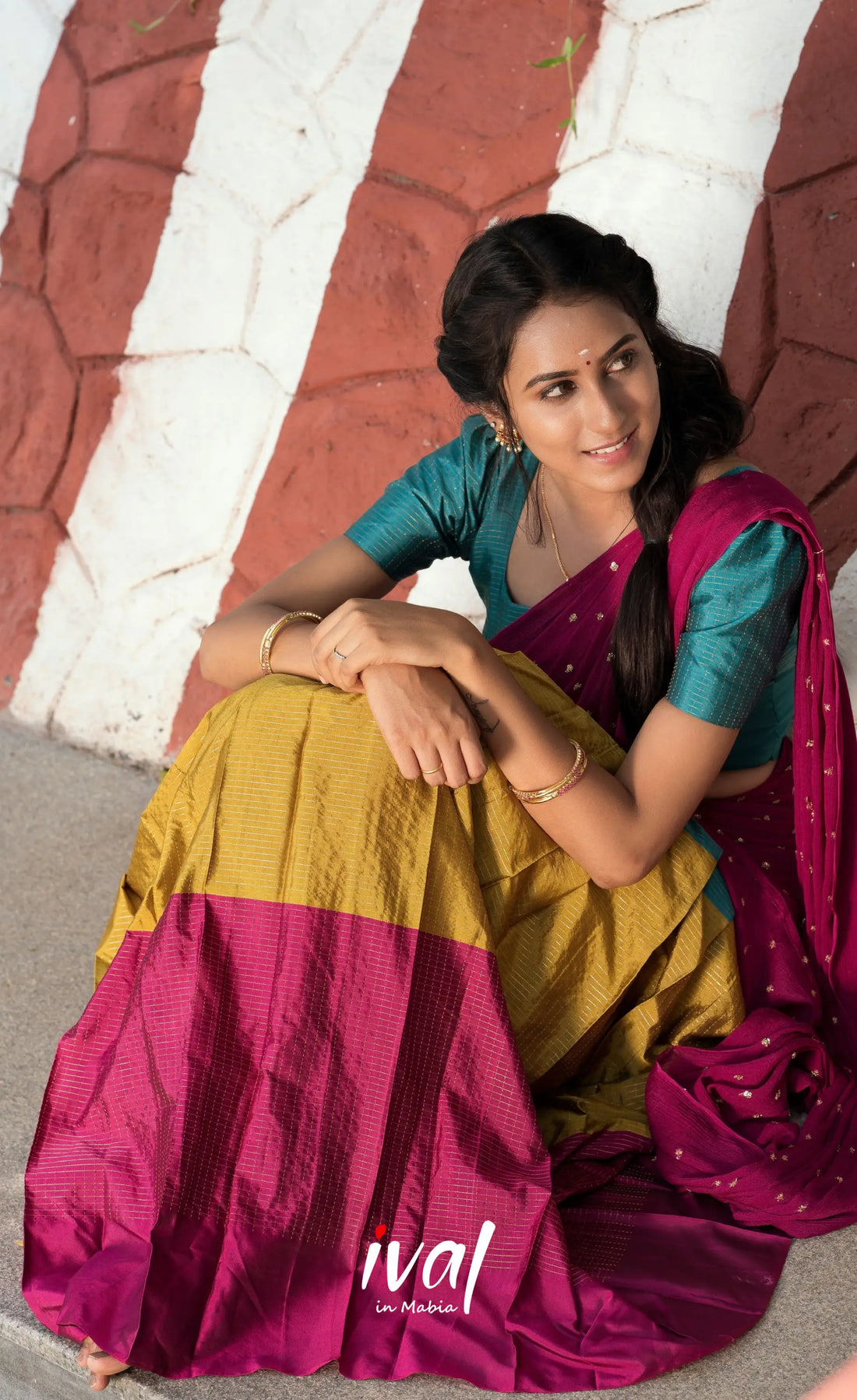 Padmakshi Blended Silk Halfsaree - Magenta,Teal and Mustard Half Sarees