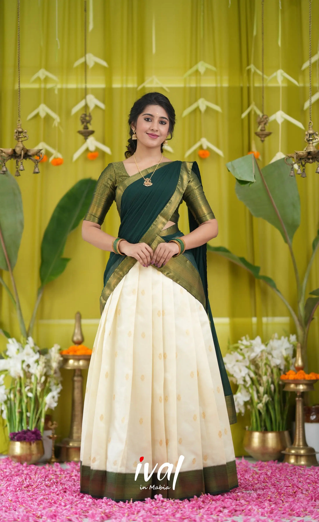 Padmakshi Blended Silk Halfsaree - Off white and Bottle Green Half Sarees