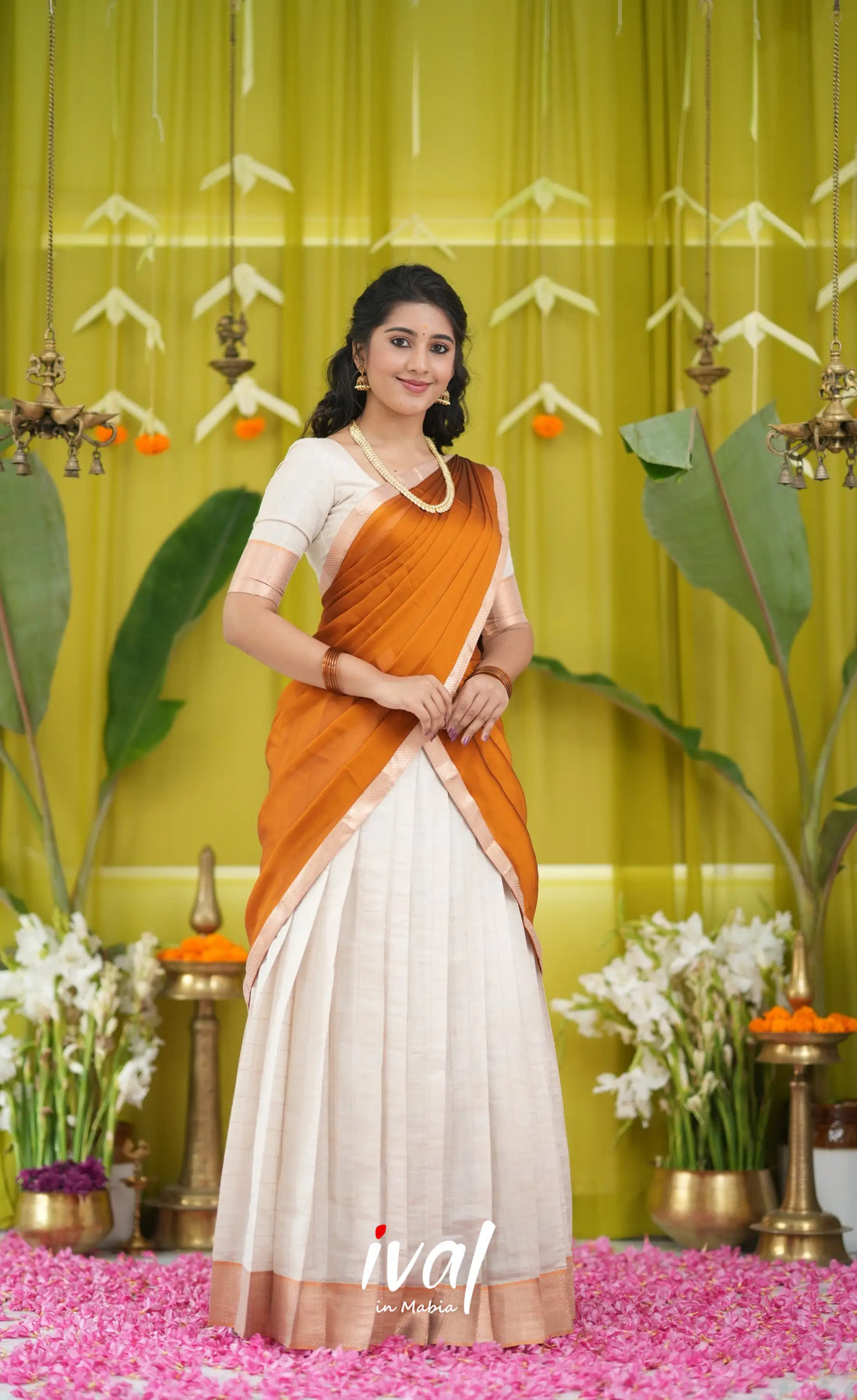 Padmakshi Blended Silk Halfsaree - Off white and Copper Half Sarees