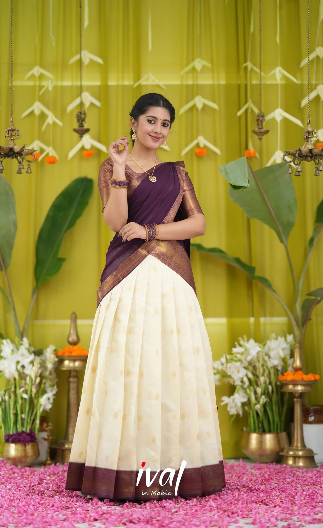 Padmakshi Blended Silk Halfsaree - Off white and Magenta Purple Half Sarees