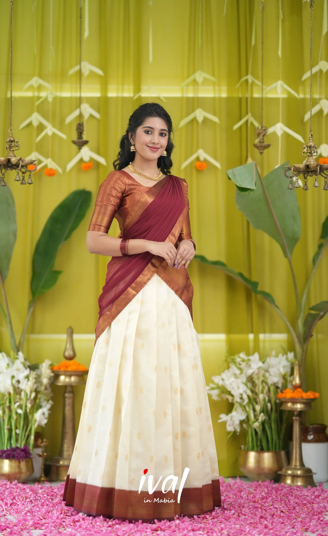 Padmakshi Blended Silk Halfsaree - Off white and Maroon Half Sarees