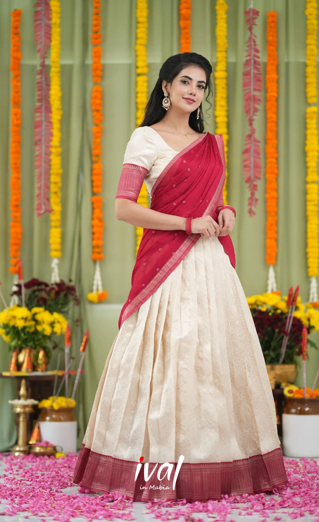 Padmakshi Blended Silk Halfsaree Off white and Red Half Sarees