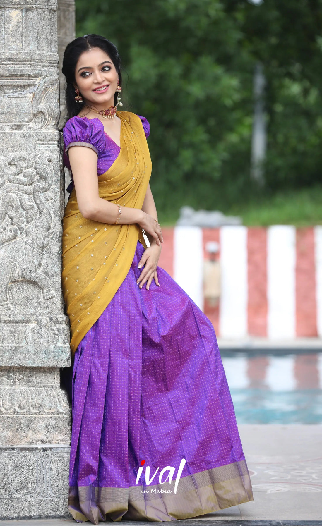 Padmakshi Blended Silk Halfsaree - Two-tone Purple and Mustard Half Sarees